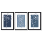 Minimal Sketch Flowers on Blue Shades Set of 3 Framed Art Prints with Black Wooden Frames