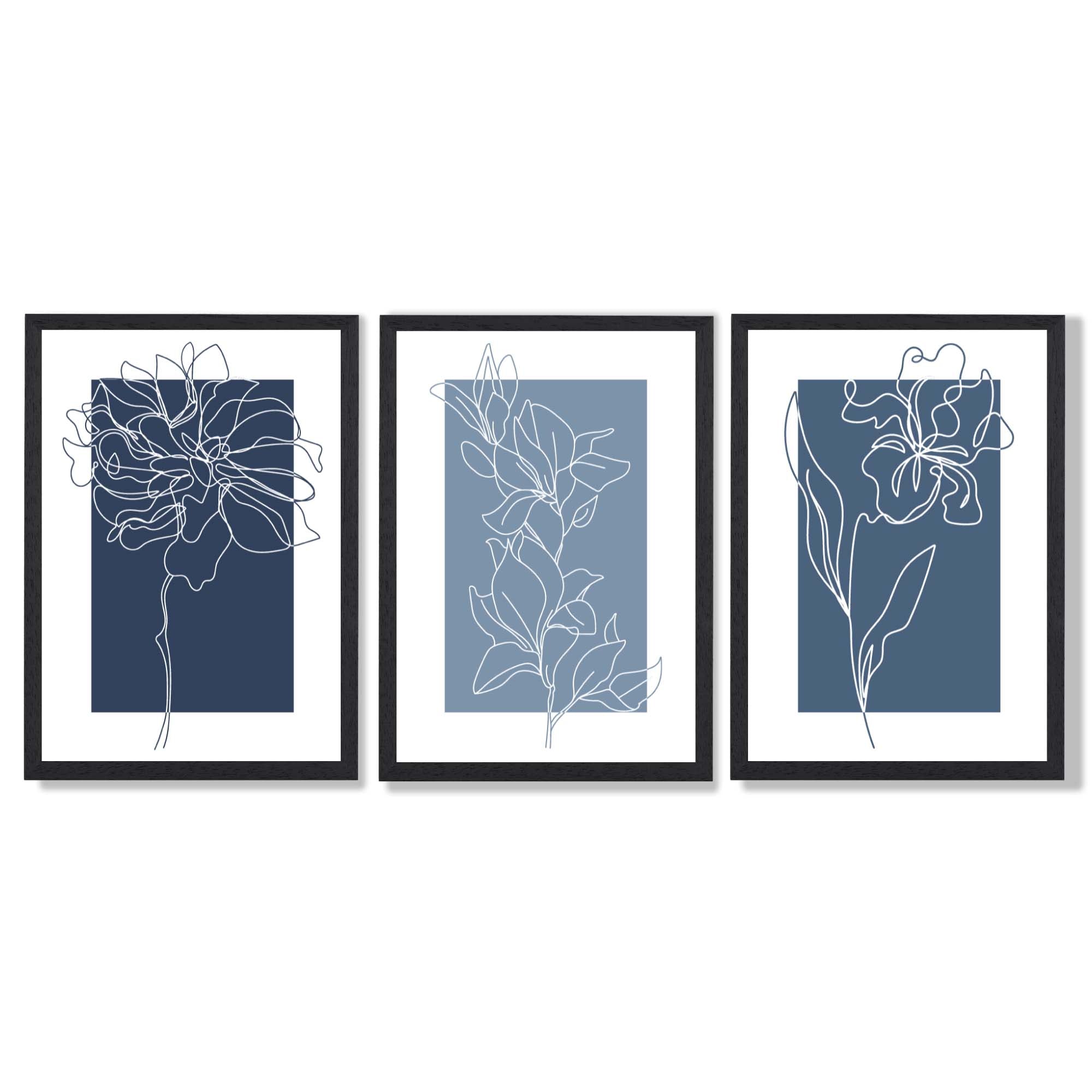 Minimal Sketch Flowers on Blue Shades Set of 3 Framed Art Prints with Black Wooden Frames
