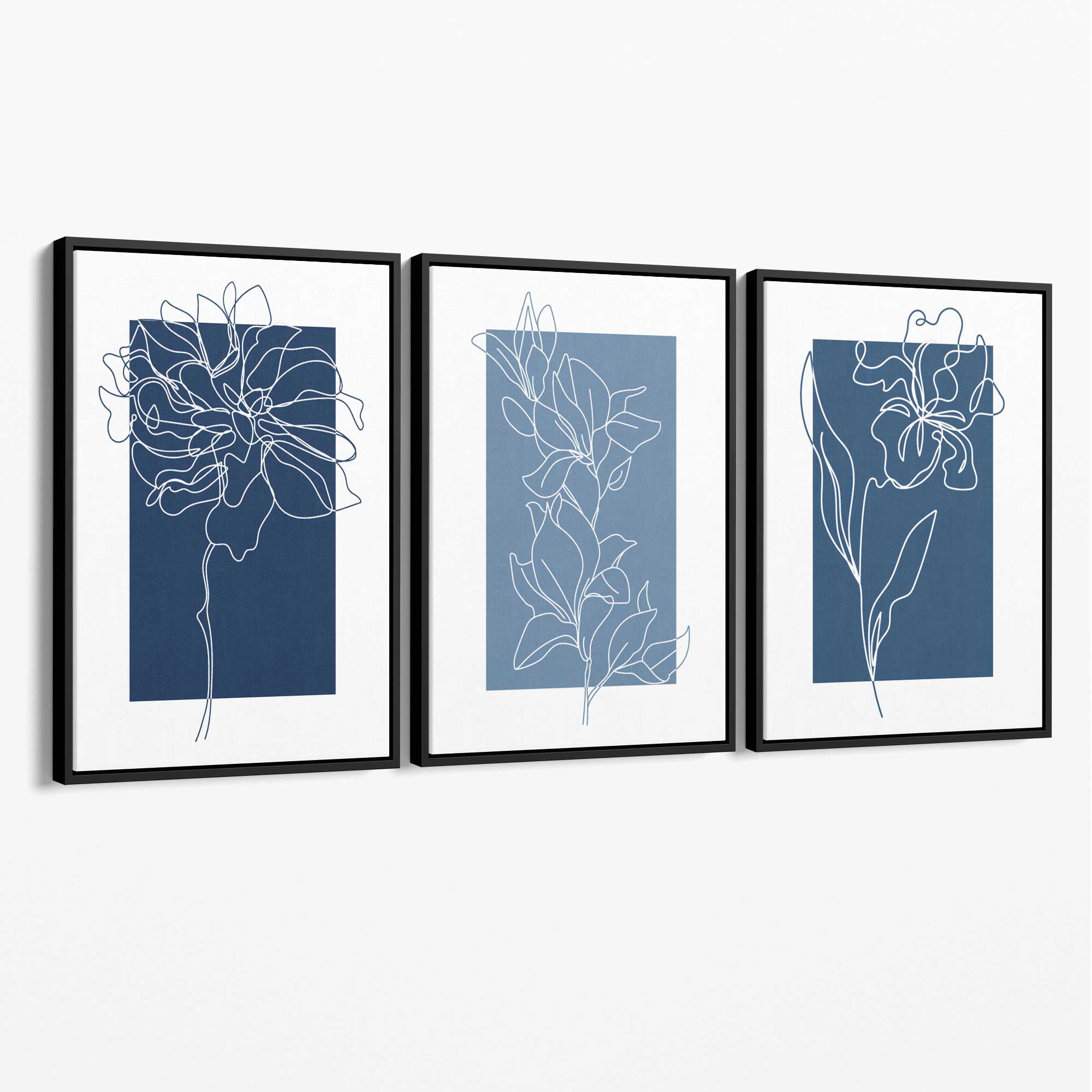 Minimal Sketch Flowers on Blue Shades Set of 3 Canvas Art Prints with Black Float Frame