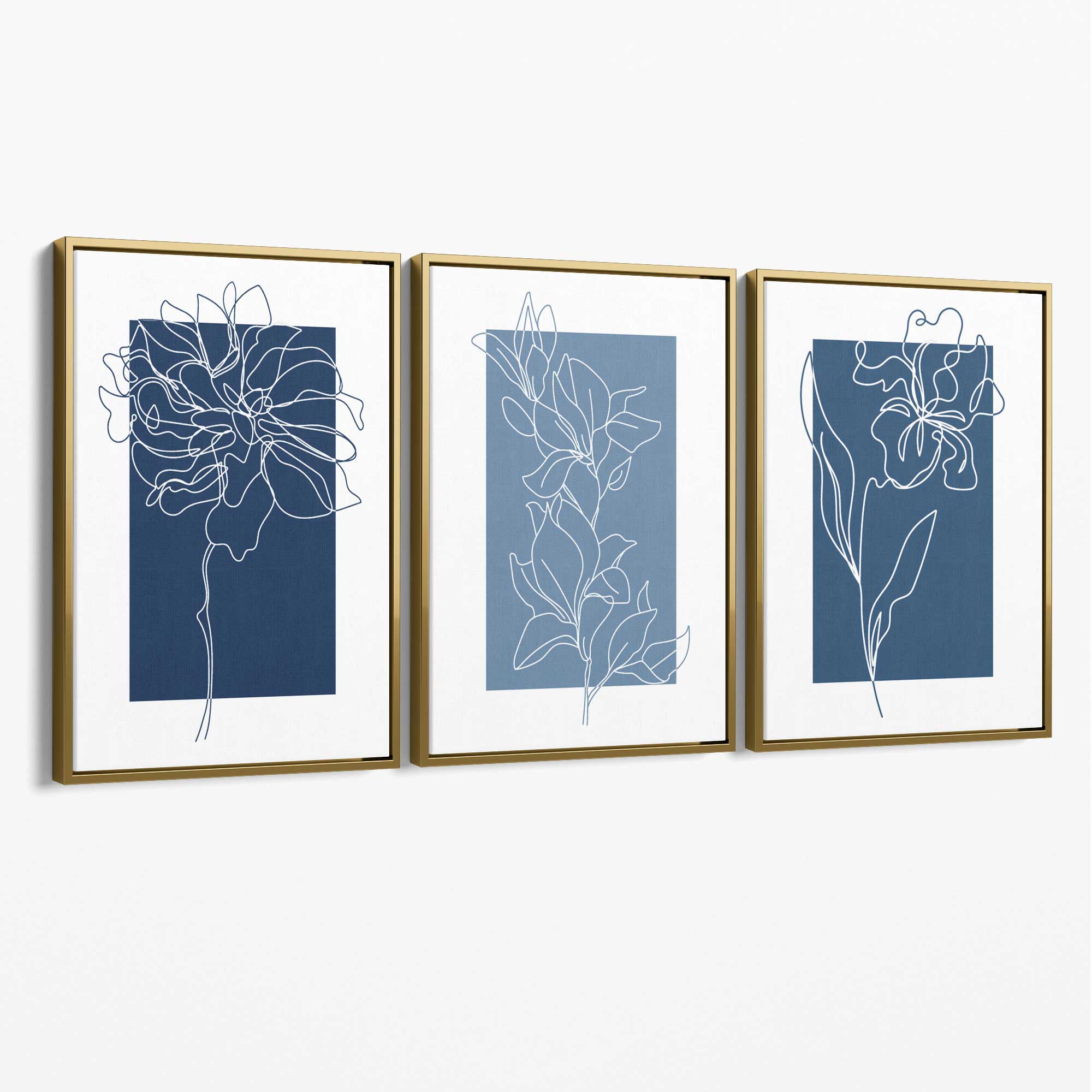 Minimal Sketch Flowers on Blue Shades Set of 3 Canvas Art Prints with Gold Float Frame