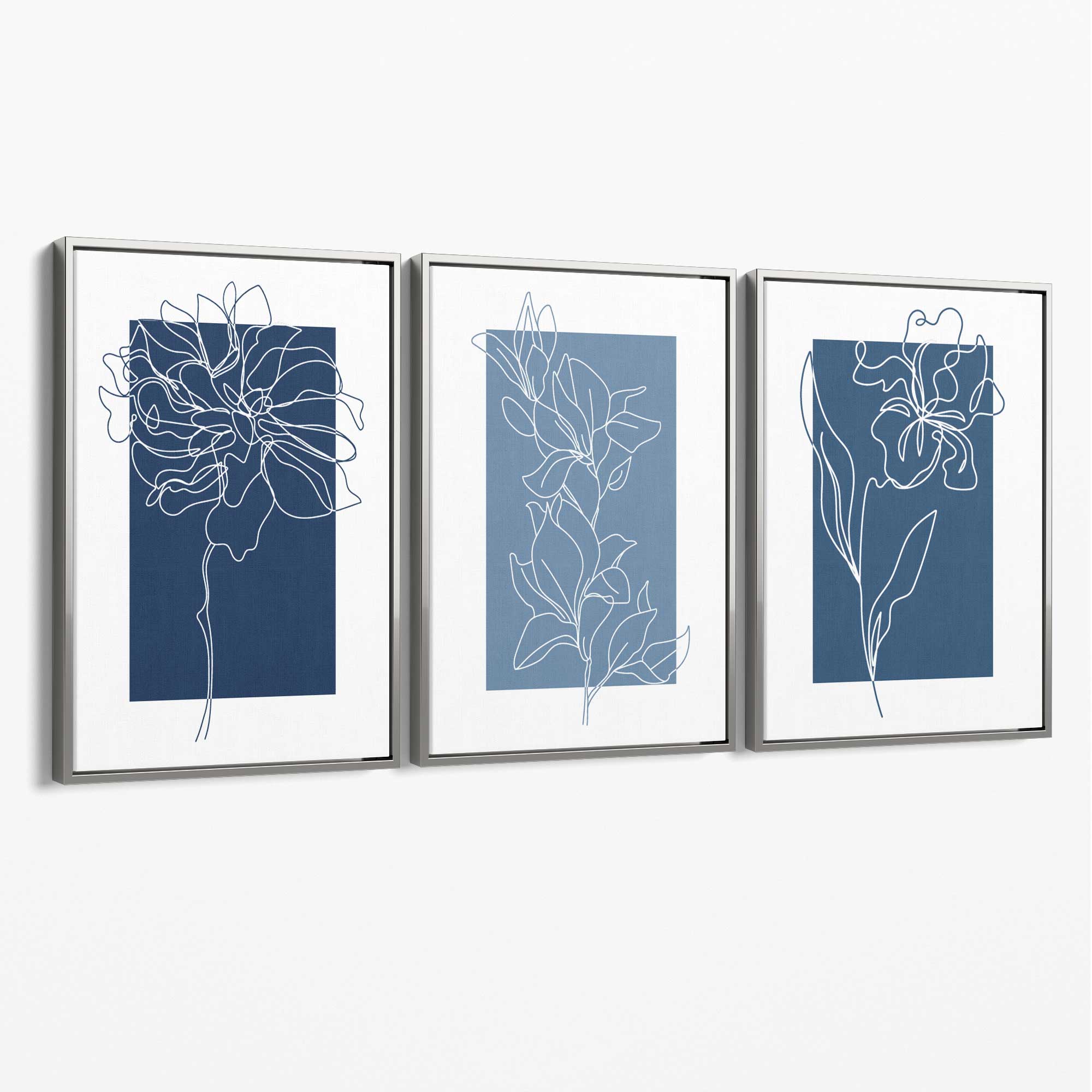 Minimal Sketch Flowers on Blue Shades Set of 3 Canvas Art Prints with Silver Float Frame