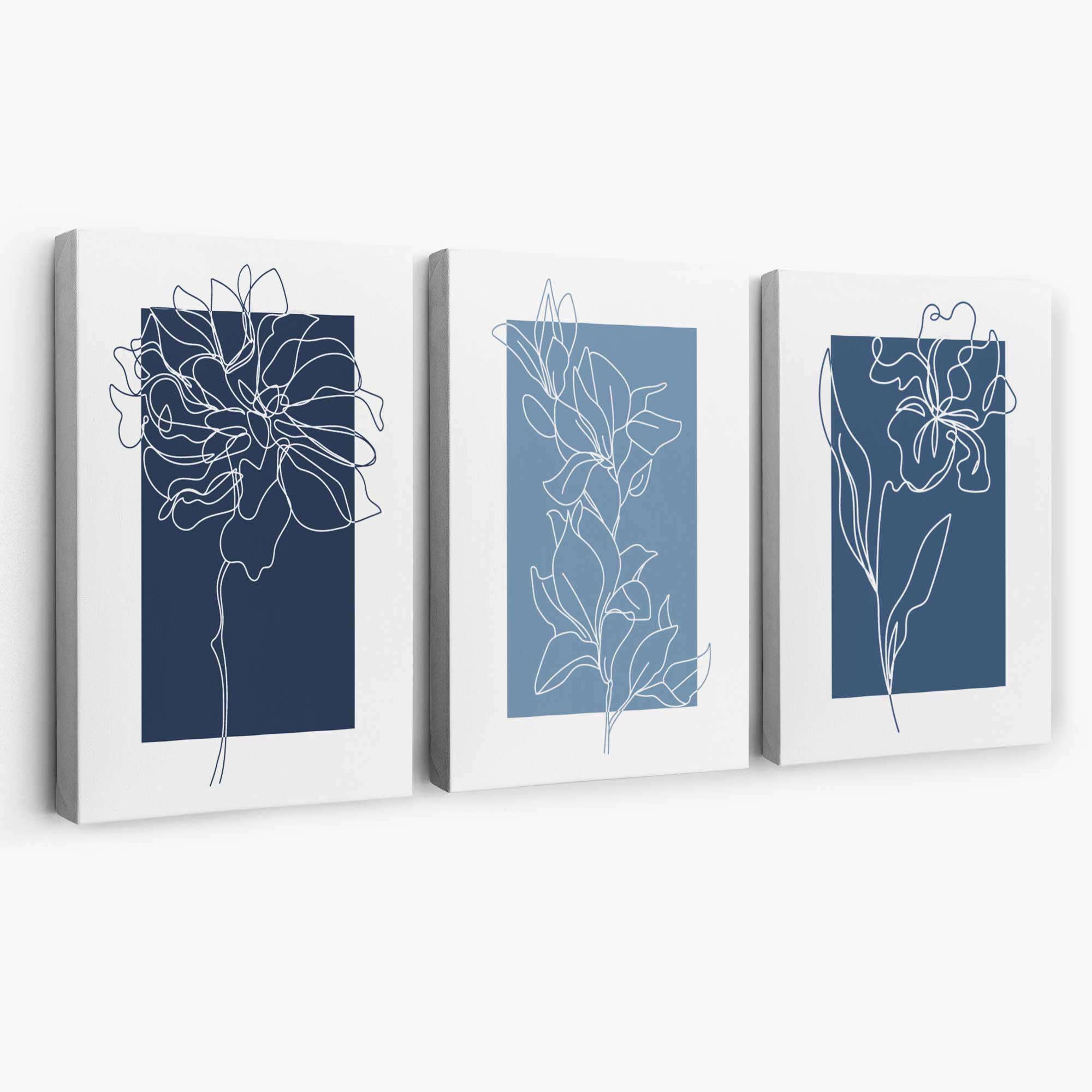 Minimal Sketch Flowers on Blue Shades Set of 3 Canvas Art Prints | Artze Wall Art