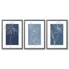 Minimal Sketch Flowers on Blue Shades Set of 3 Framed Art Prints with Dark Grey Wooden Frames
