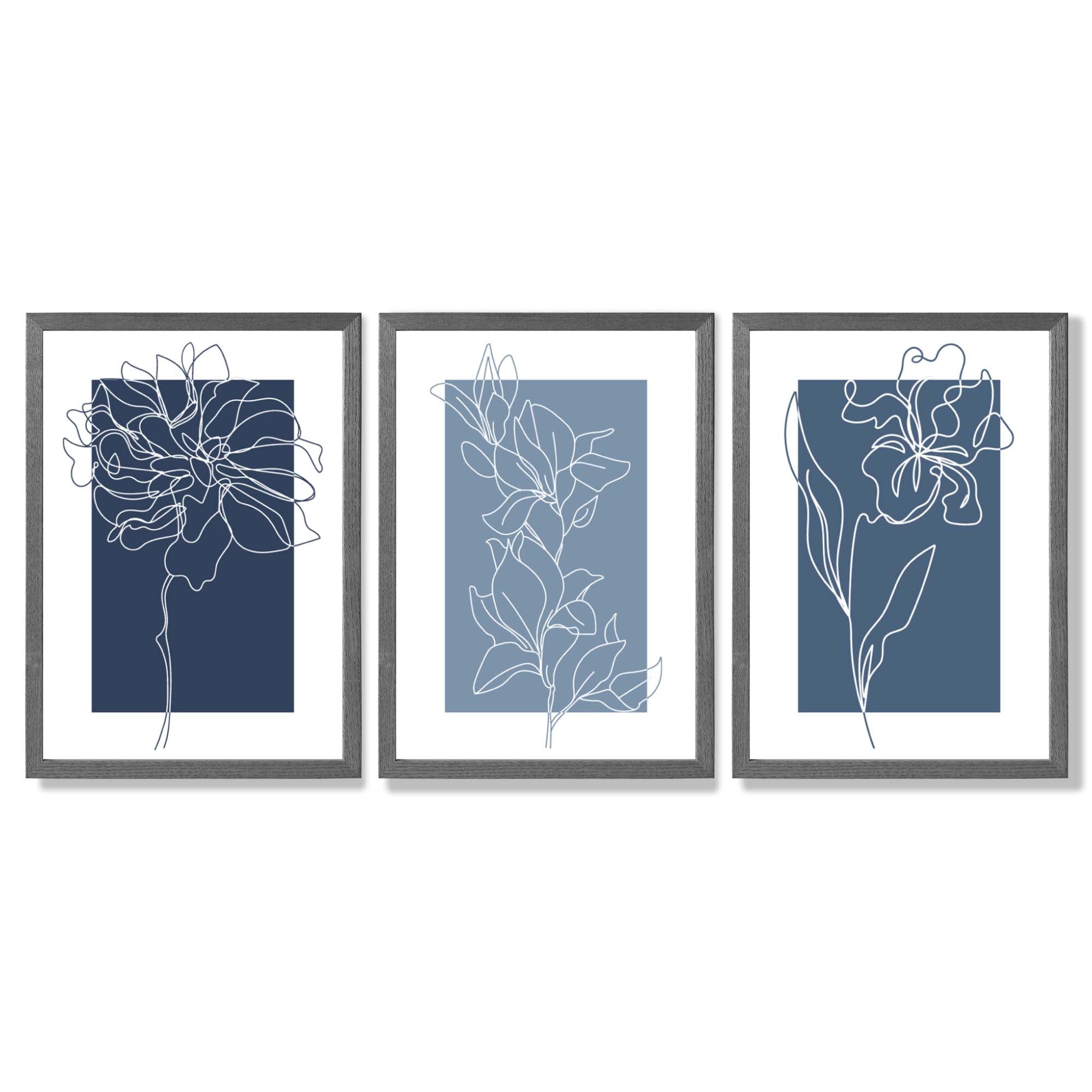 Minimal Sketch Flowers on Blue Shades Set of 3 Framed Art Prints with Dark Grey Wooden Frames