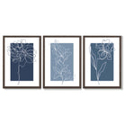 Minimal Sketch Flowers on Blue Shades Set of 3 Framed Art Prints with Dark Wood Frames
