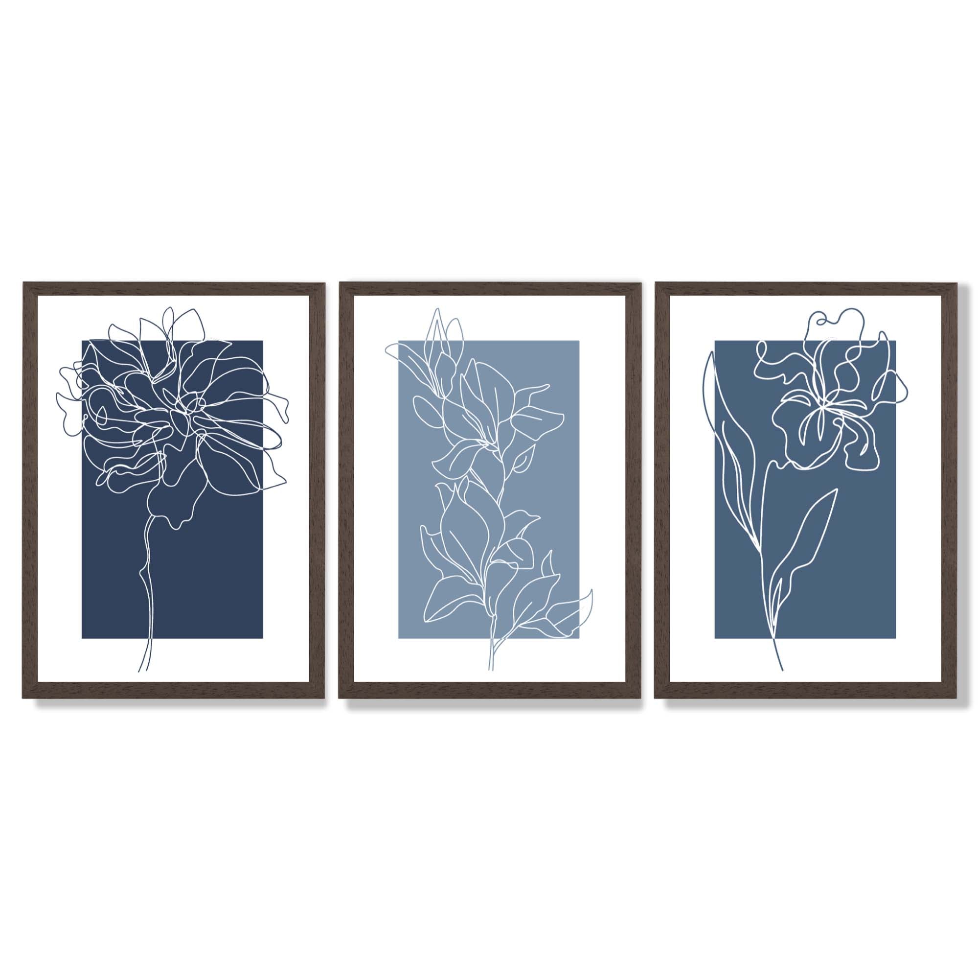 Minimal Sketch Flowers on Blue Shades Set of 3 Framed Art Prints with Dark Wood Frames