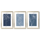 Minimal Sketch Flowers on Blue Shades Set of 3 Framed Art Prints with Gold Wood Frames