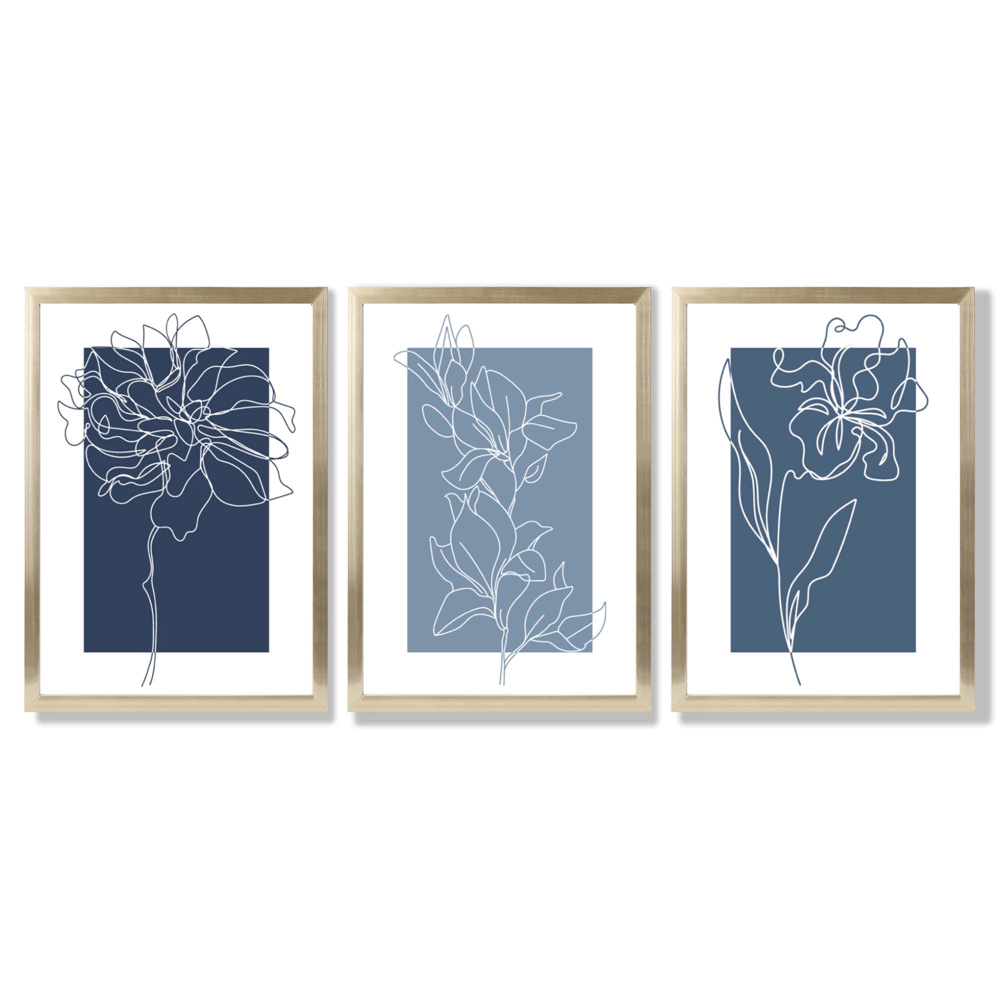 Minimal Sketch Flowers on Blue Shades Set of 3 Framed Art Prints with Gold Wood Frames