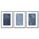 Minimal Sketch Flowers on Blue Shades Set of 3 Framed Art Prints with Light Grey Wooden Frames