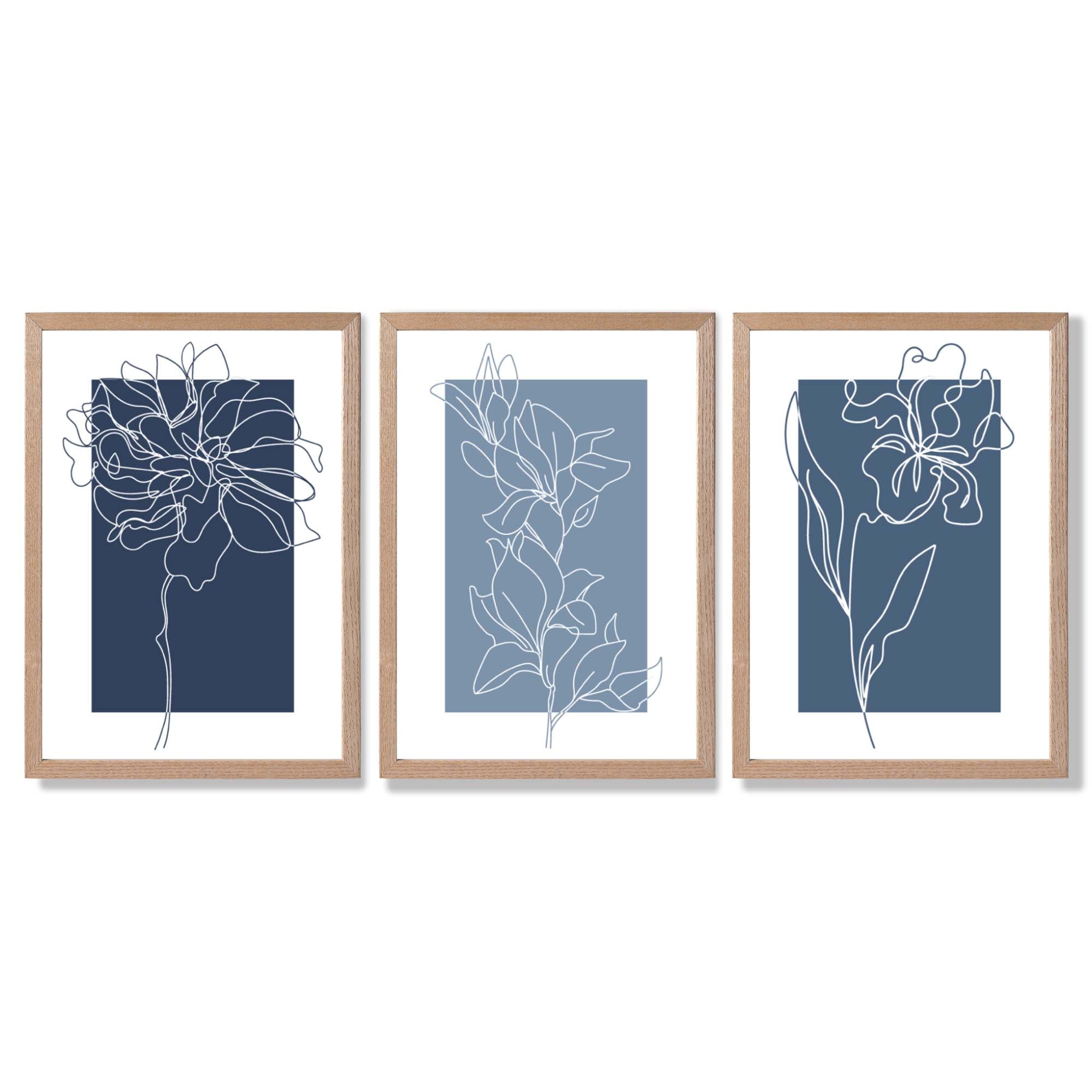 Minimal Sketch Flowers on Blue Shades Set of 3 Framed Art Prints with Light Oak Frames