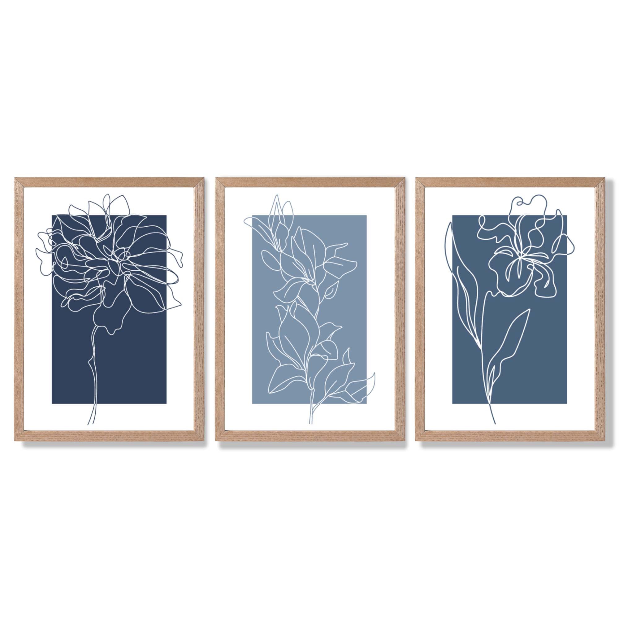 Minimal Sketch Flowers on Blue Shades Set of 3 Framed Art Prints with Light Oak Frames