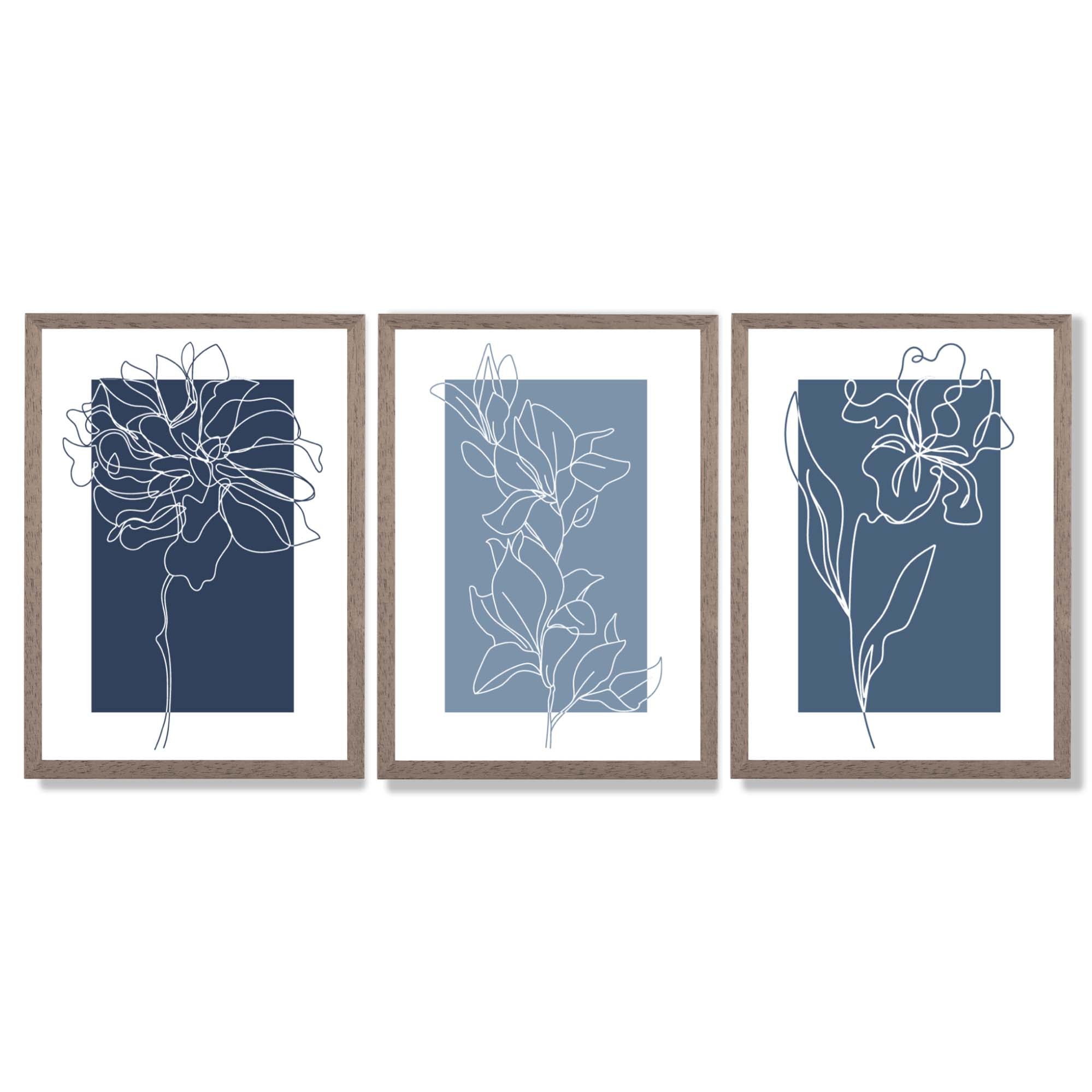 Minimal Sketch Flowers on Blue Shades Set of 3 Framed Art Prints with Light Walnut Frames