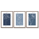 Minimal Sketch Flowers on Blue Shades Set of 3 Framed Art Prints with Light Walnut Frames