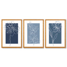 Minimal Sketch Flowers on Blue Shades Set of 3 Framed Art Prints with Oak Wooden Frames