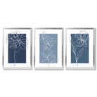 Minimal Sketch Flowers on Blue Shades Set of 3 Framed Art Prints with Silver Wood Frames