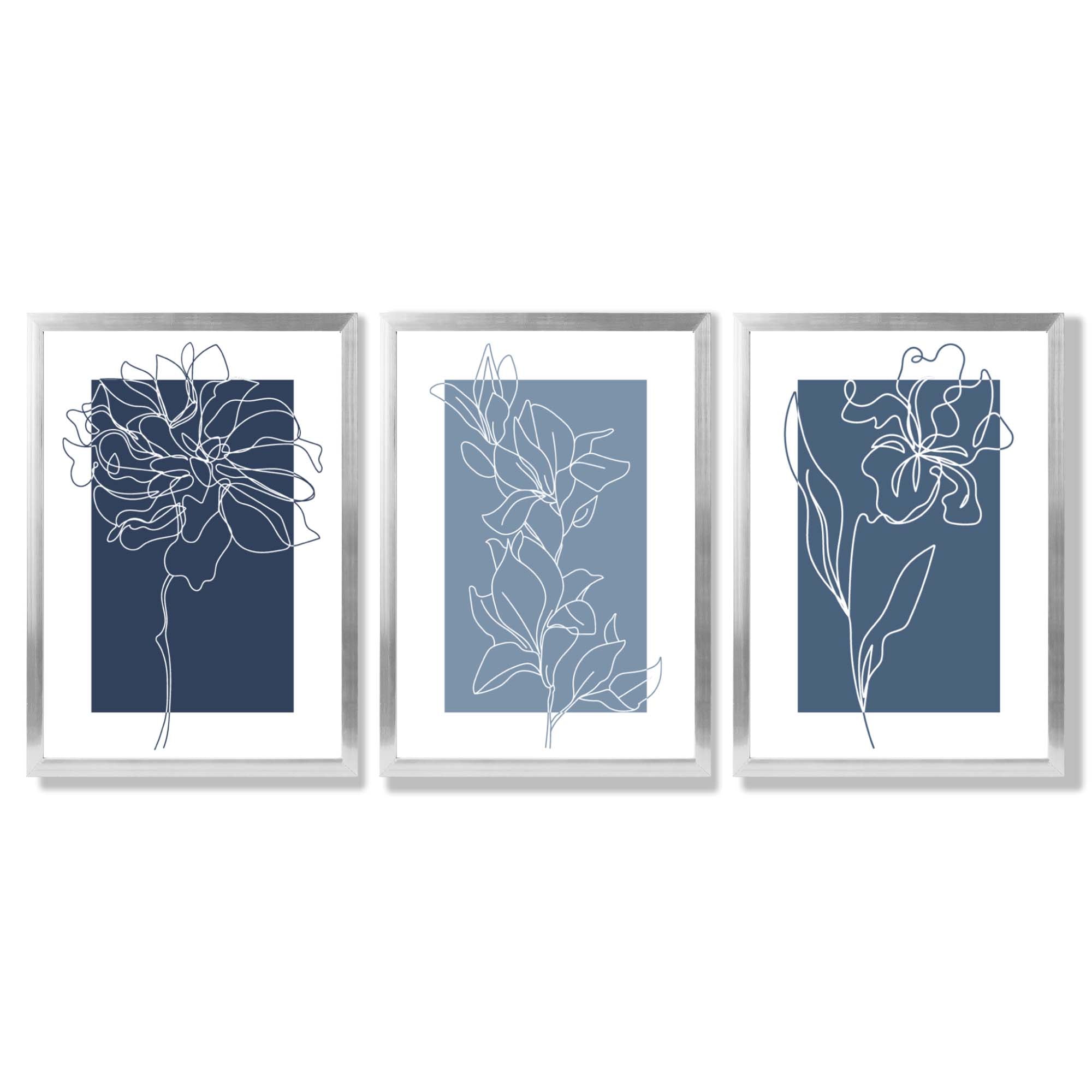 Minimal Sketch Flowers on Blue Shades Set of 3 Framed Art Prints with Silver Wood Frames