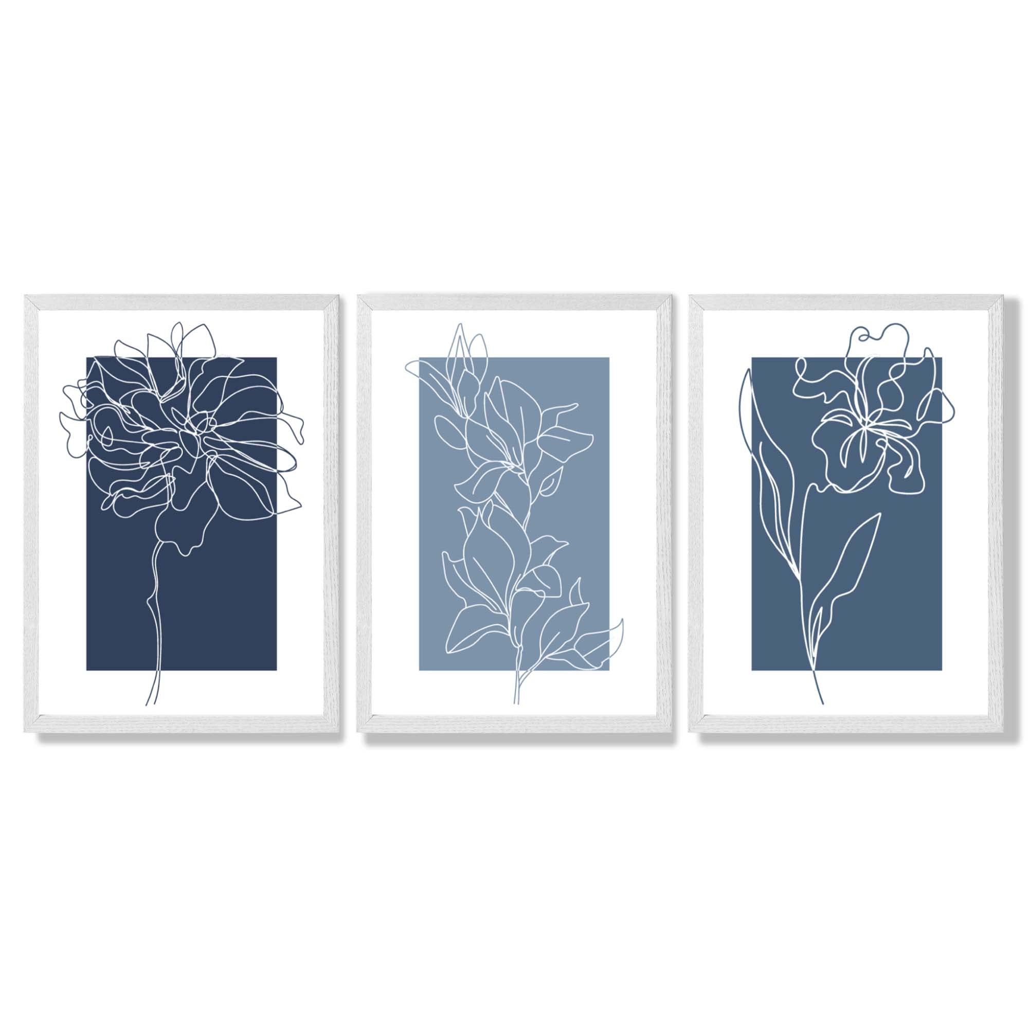 Minimal Sketch Flowers on Blue Shades Set of 3 Framed Art Prints with White Wooden Frames