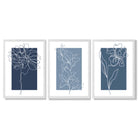 Minimal Sketch Flowers on Blue Shades Set of 3 Framed Art Prints with White Wooden Frames