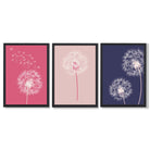 Dandelions Sketch Flowers on Pink and Purple Set of 3 Framed Art Prints with Black Wooden Frames