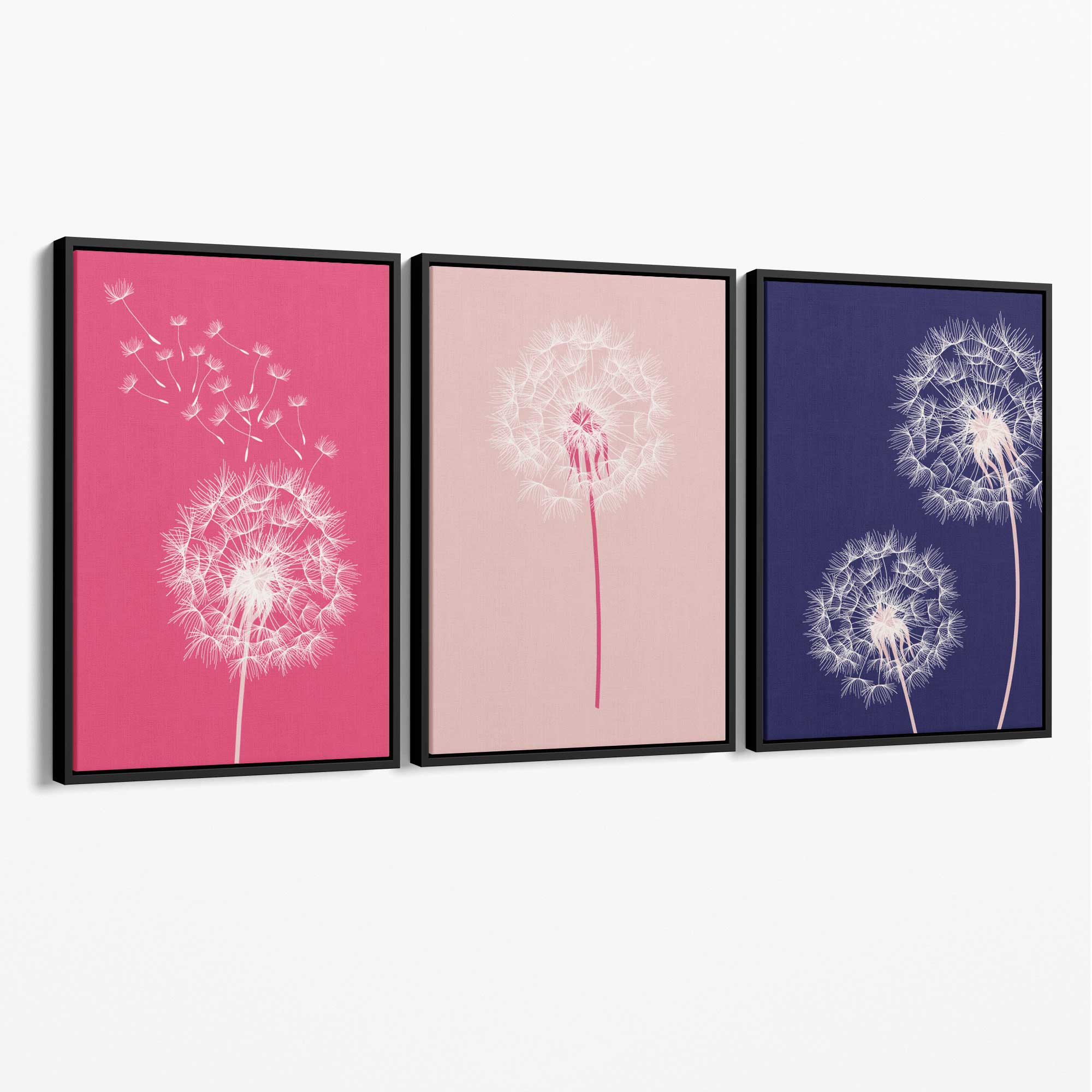 Dandelions Sketch Flowers on Pink and Purple Set of 3 Canvas Art Prints with Black Float Frame