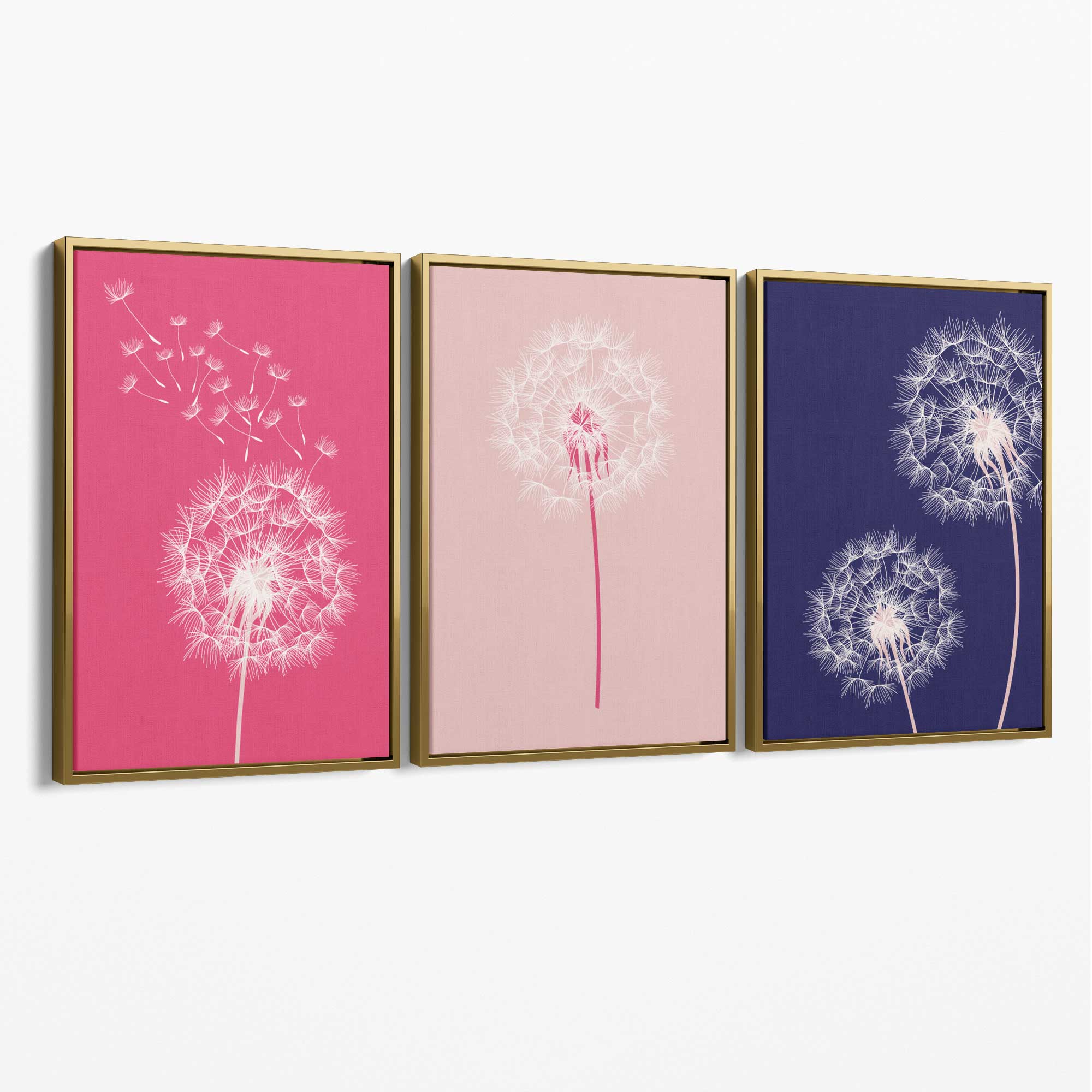 Dandelions Sketch Flowers on Pink and Purple Set of 3 Canvas Art Prints with Gold Float Frame