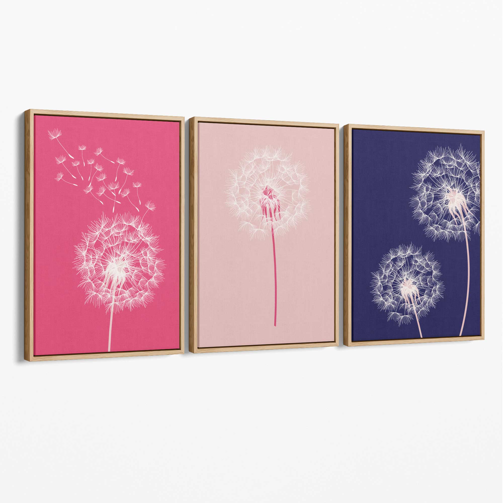 Dandelions Sketch Flowers on Pink and Purple Set of 3 Canvas Art Prints with Oak Float Frame