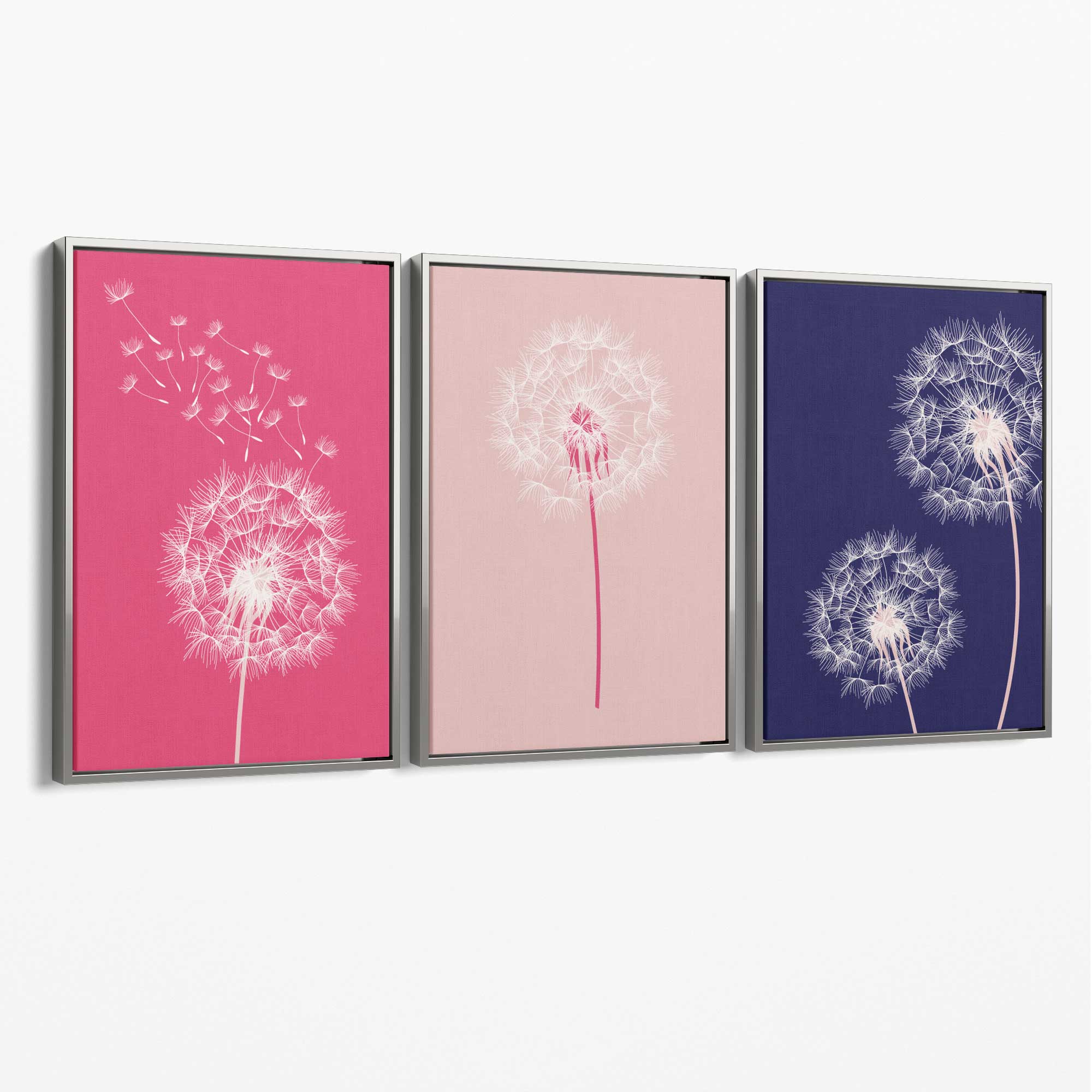 Dandelions Sketch Flowers on Pink and Purple Set of 3 Canvas Art Prints with Silver Float Frame