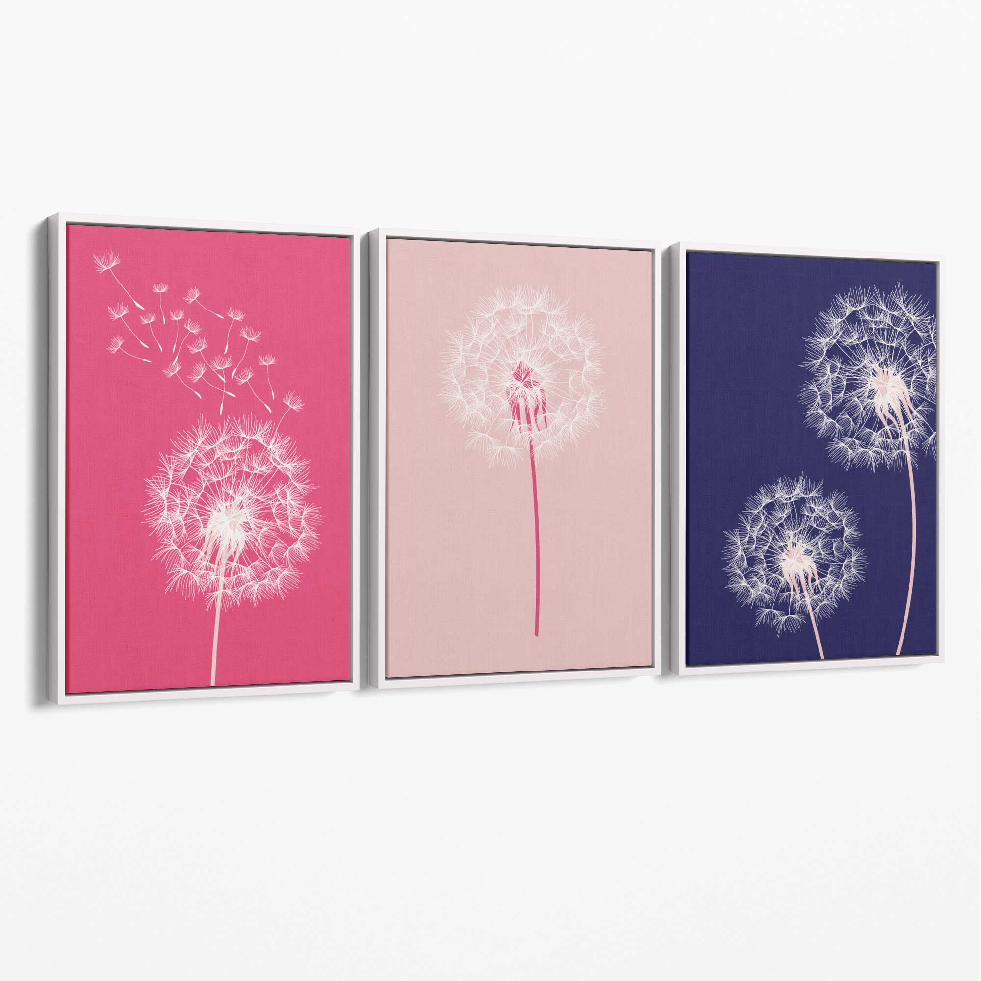 Dandelions Sketch Flowers on Pink and Purple Set of 3 Canvas Art Prints with White Float Frame