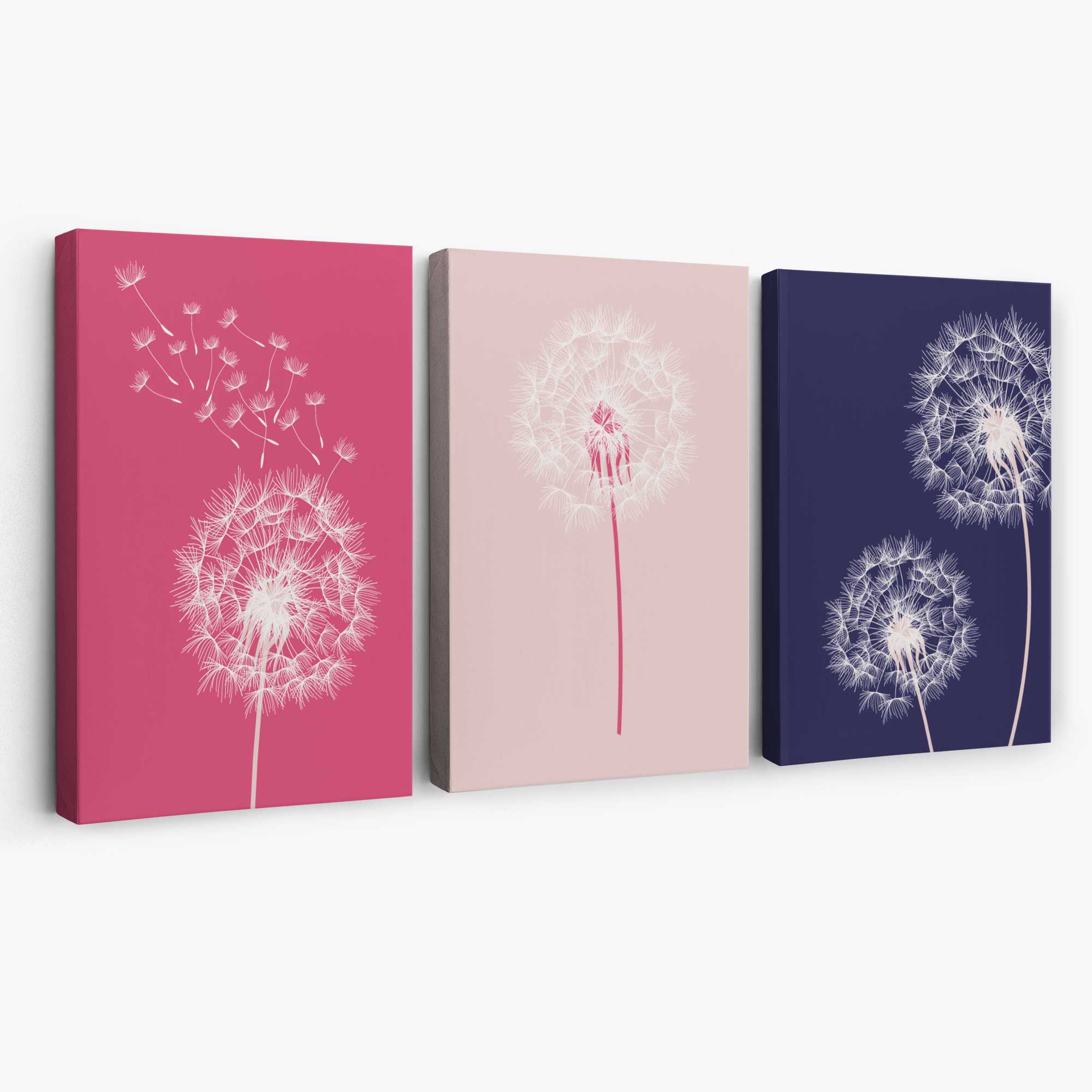 Dandelions Sketch Flowers on Pink and Purple Set of 3 Canvas Art Prints | Artze Wall Art