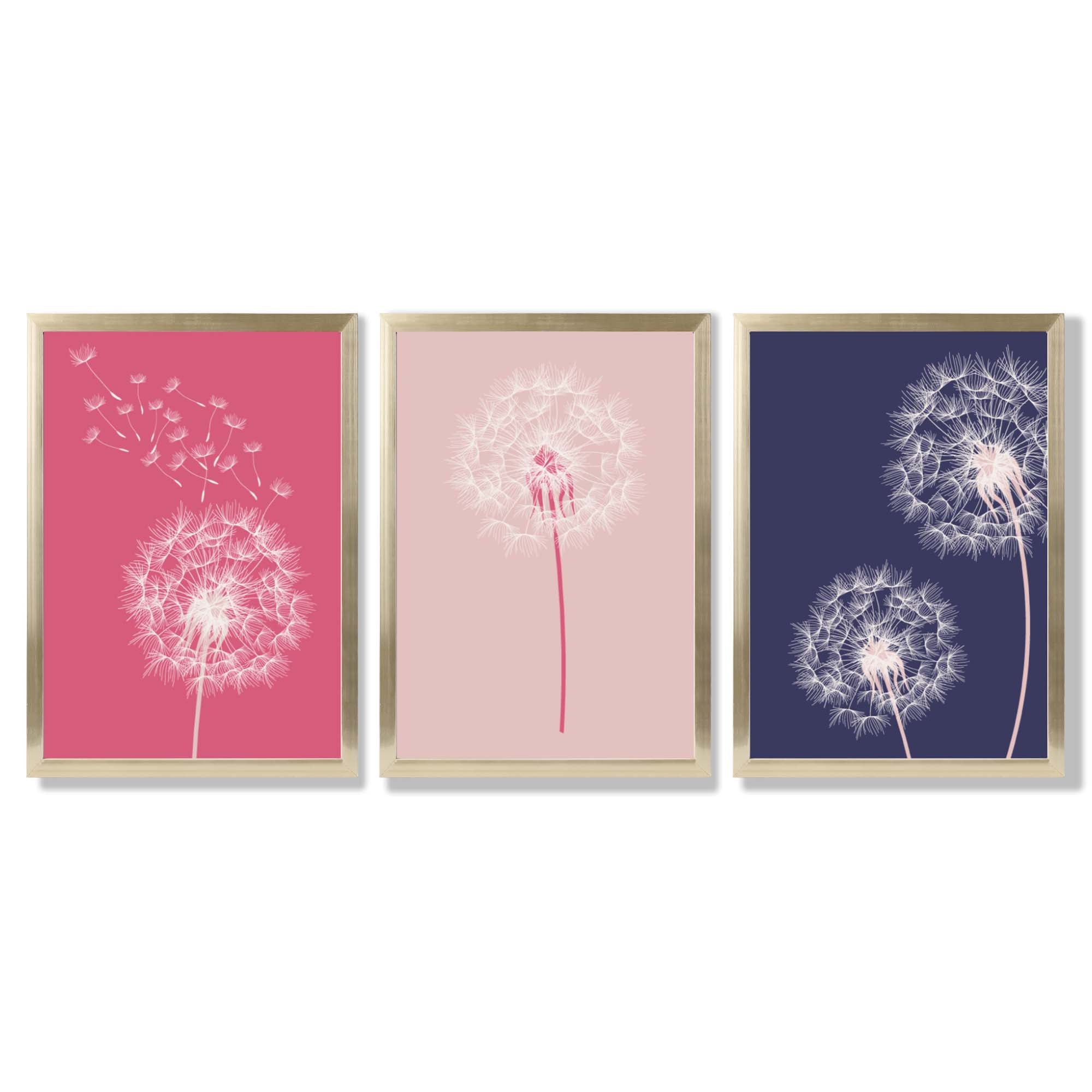 Dandelions Sketch Flowers on Pink and Purple Set of 3 Framed Art Prints with Gold Wood Frames
