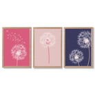 Dandelions Sketch Flowers on Pink and Purple Set of 3 Framed Art Prints with Light Oak Frames
