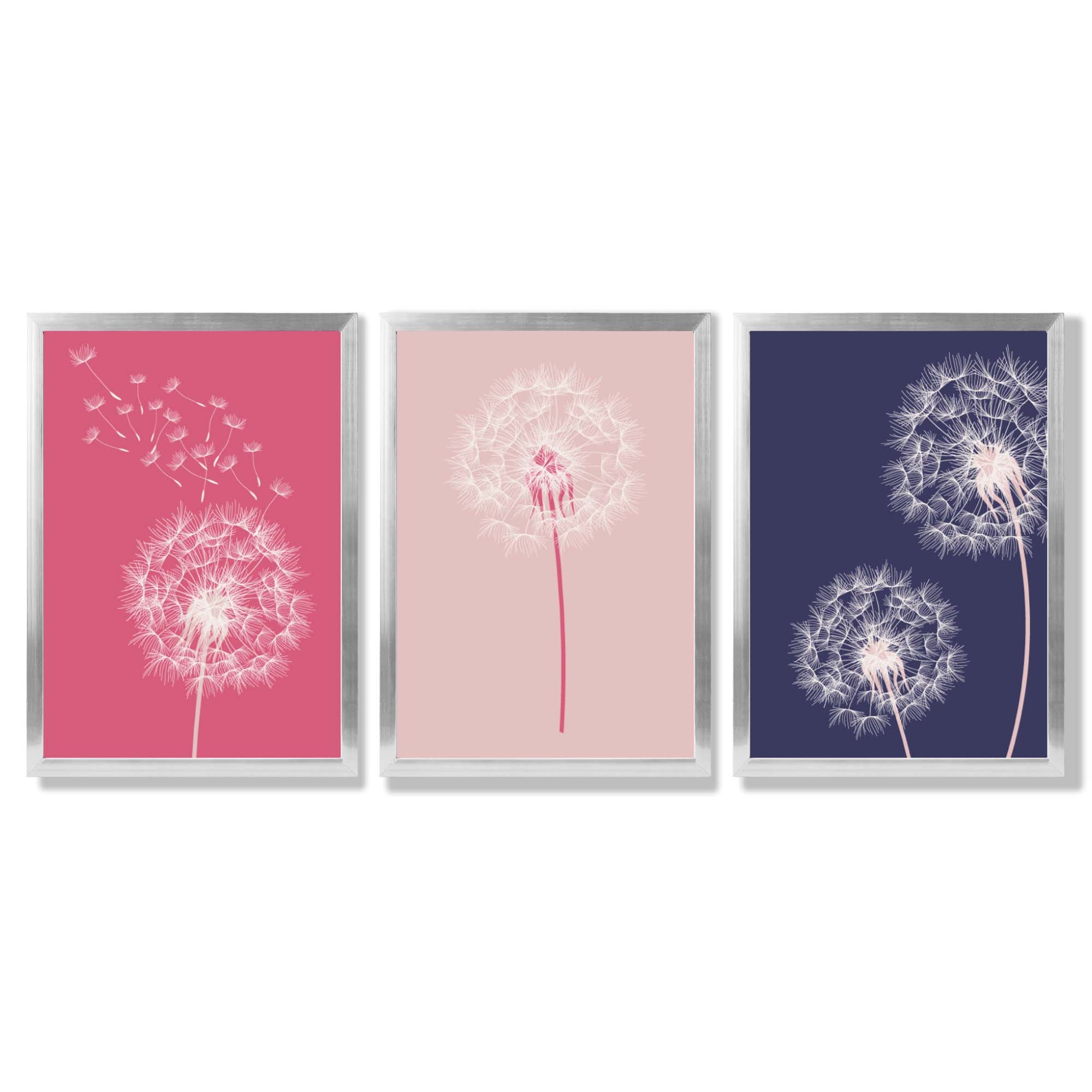 Dandelions Sketch Flowers on Pink and Purple Set of 3 Framed Art Prints with Silver Wood Frames