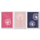 Dandelions Sketch Flowers on Pink and Purple Set of 3 Framed Art Prints with White Wooden Frames
