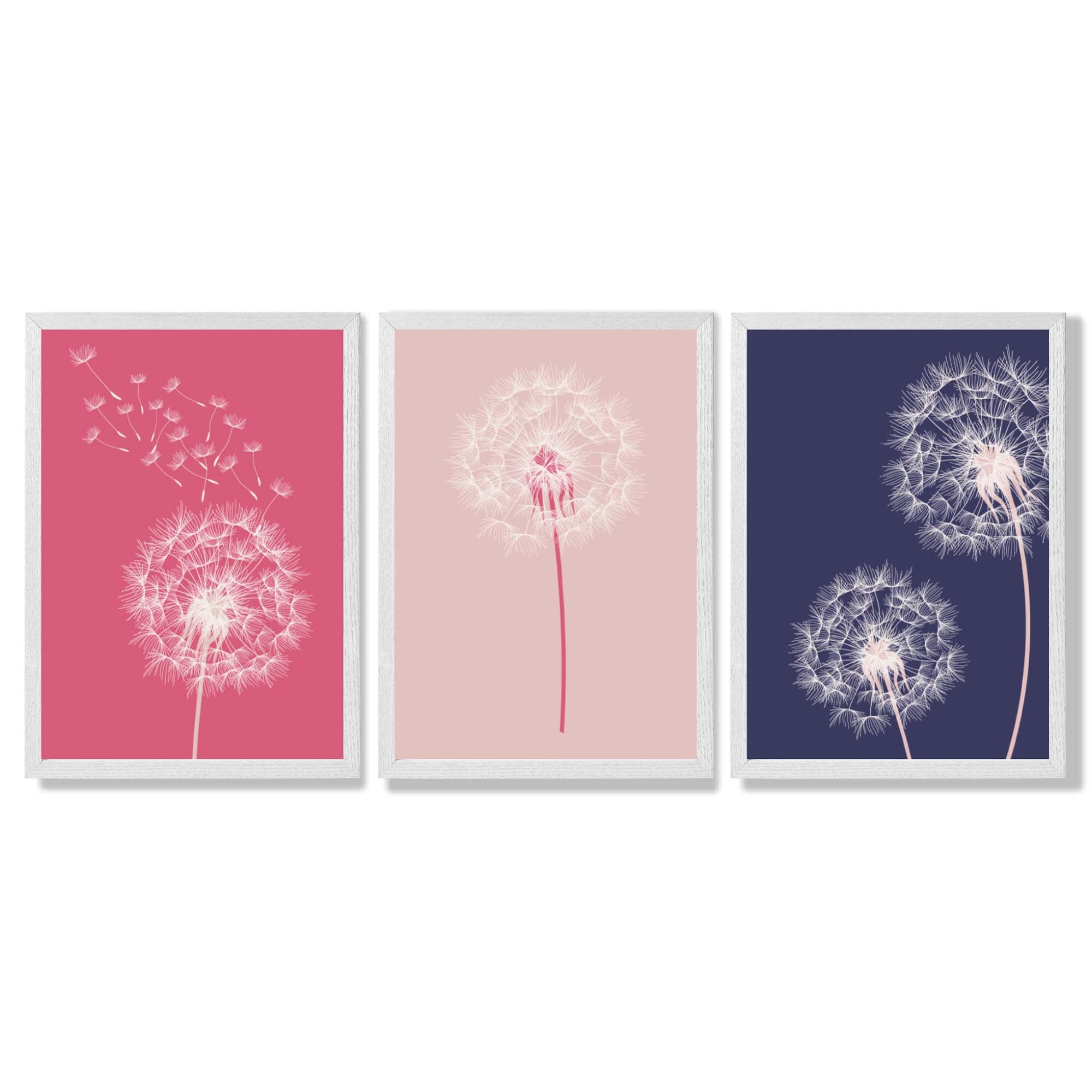 Dandelions Sketch Flowers on Pink and Purple Set of 3 Framed Art Prints with White Wooden Frames