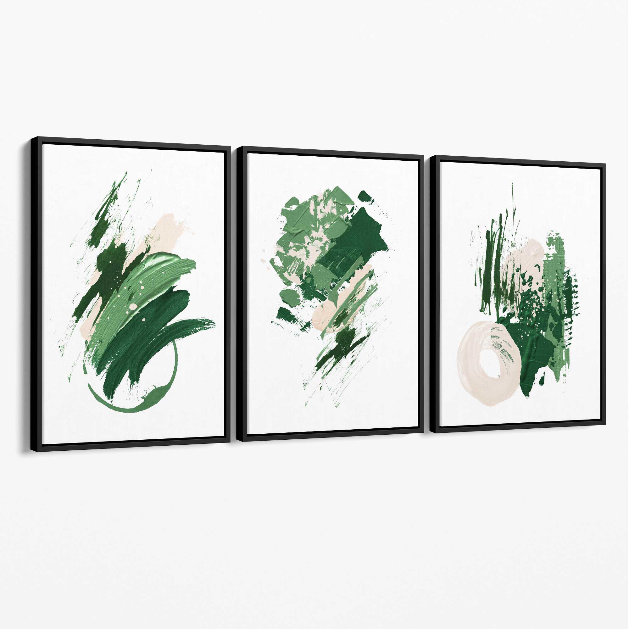 Abstract Green and Ivory Oil Set of 3 Canvas Art Prints with Black Float Frame