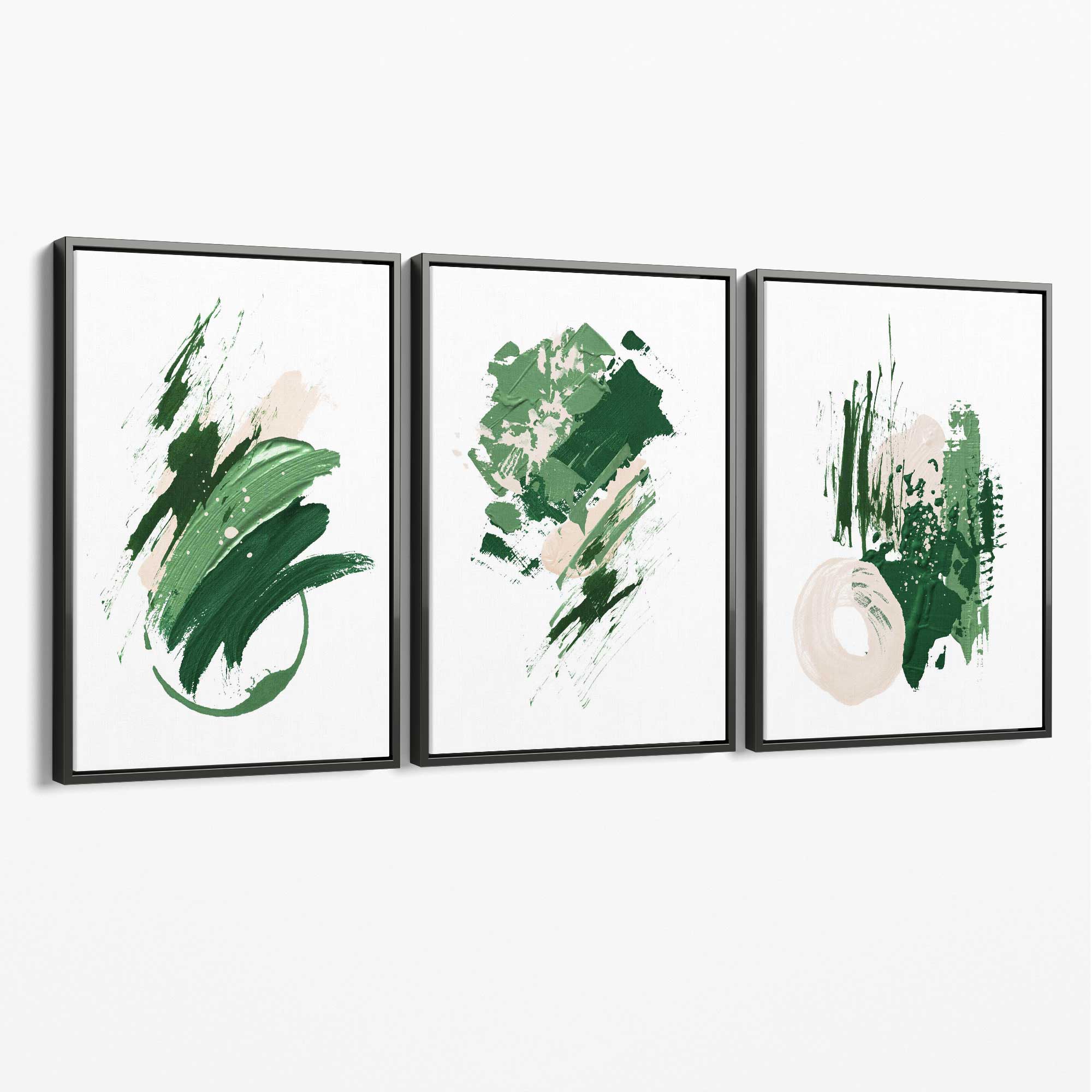 Abstract Green and Ivory Oil Set of 3 Canvas Art Prints with Grey Float Frame
