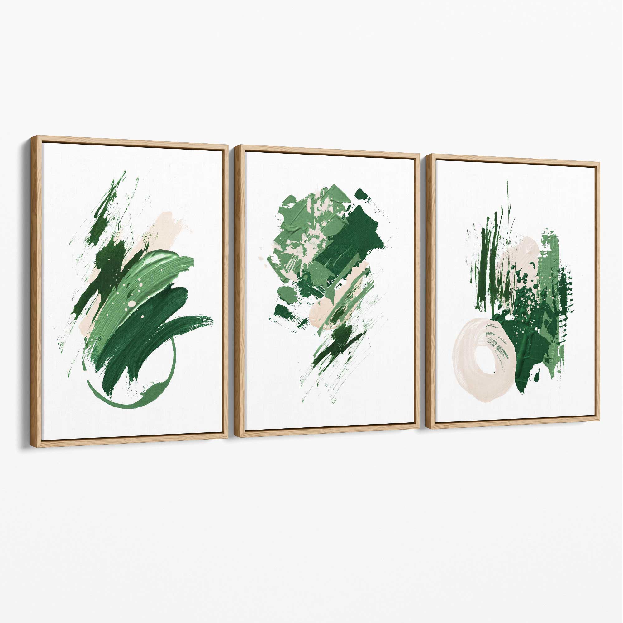 Abstract Green and Ivory Oil Set of 3 Canvas Art Prints with Oak Float Frame