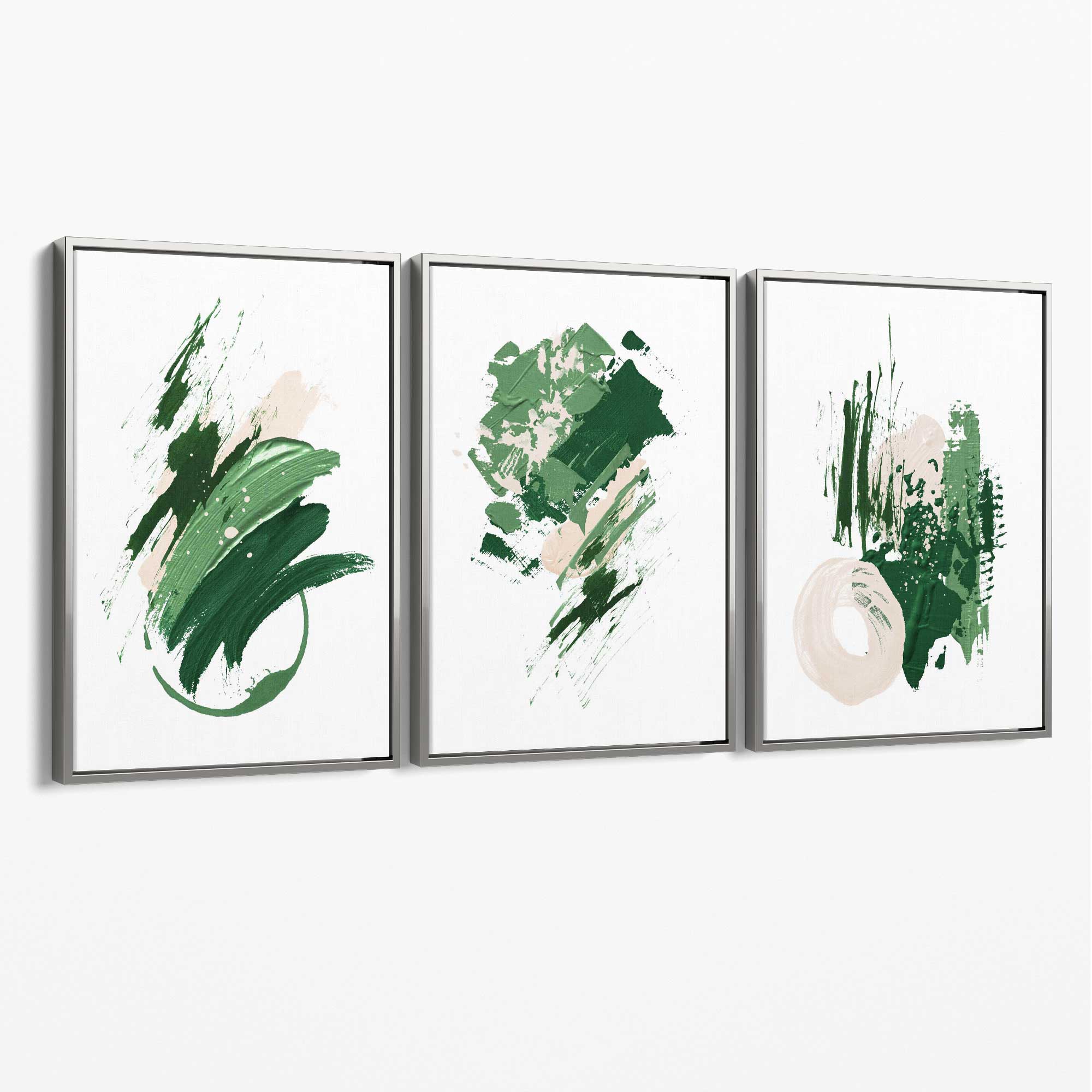 Abstract Green and Ivory Oil Set of 3 Canvas Art Prints with Silver Float Frame