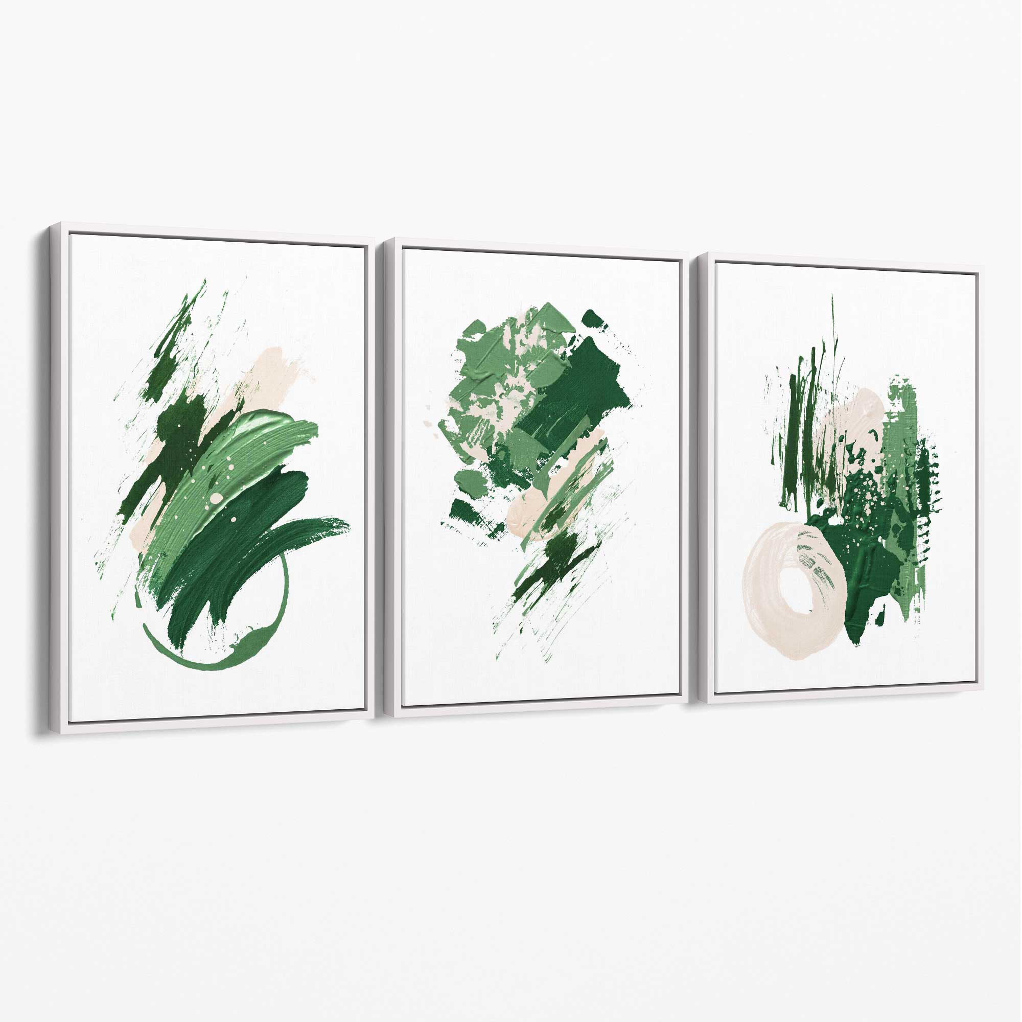 Abstract Green and Ivory Oil Set of 3 Canvas Art Prints with White Float Frame