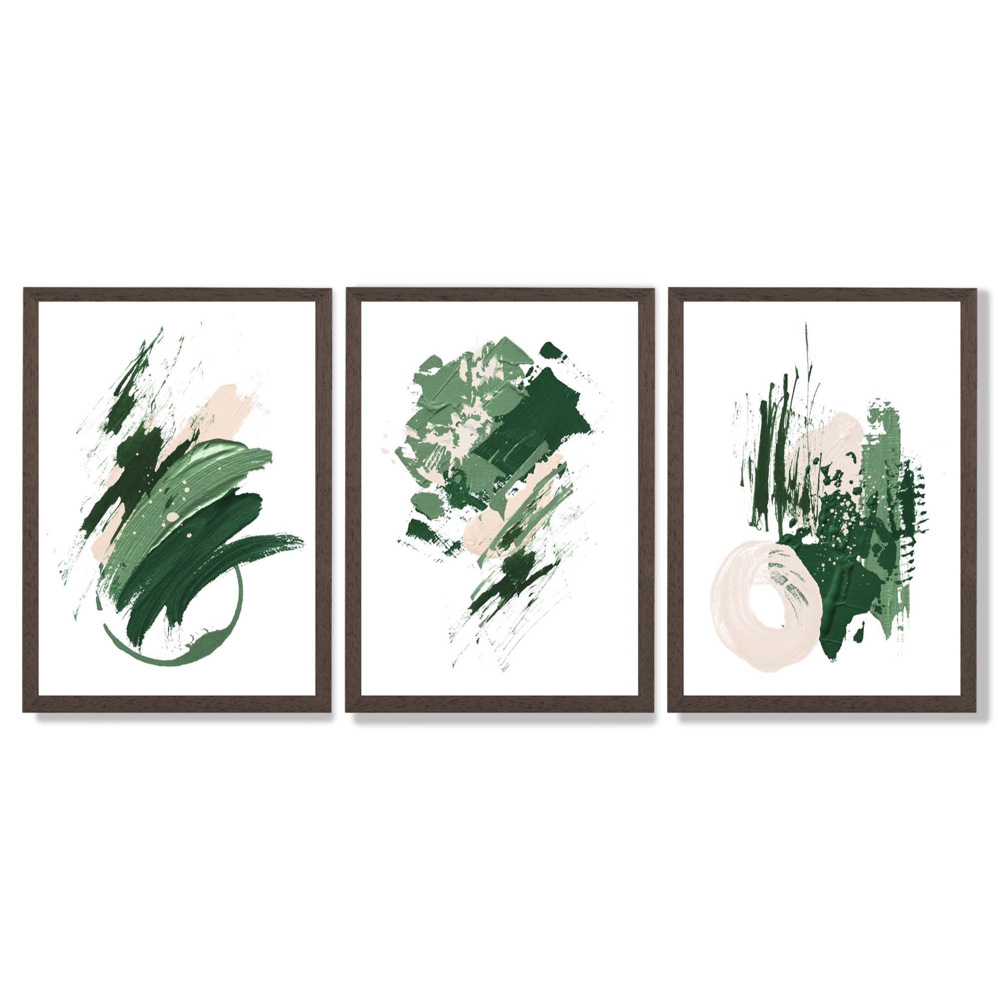 Abstract Green and Ivory Oil Set of 3 Framed Art Prints with Dark Wood Frames