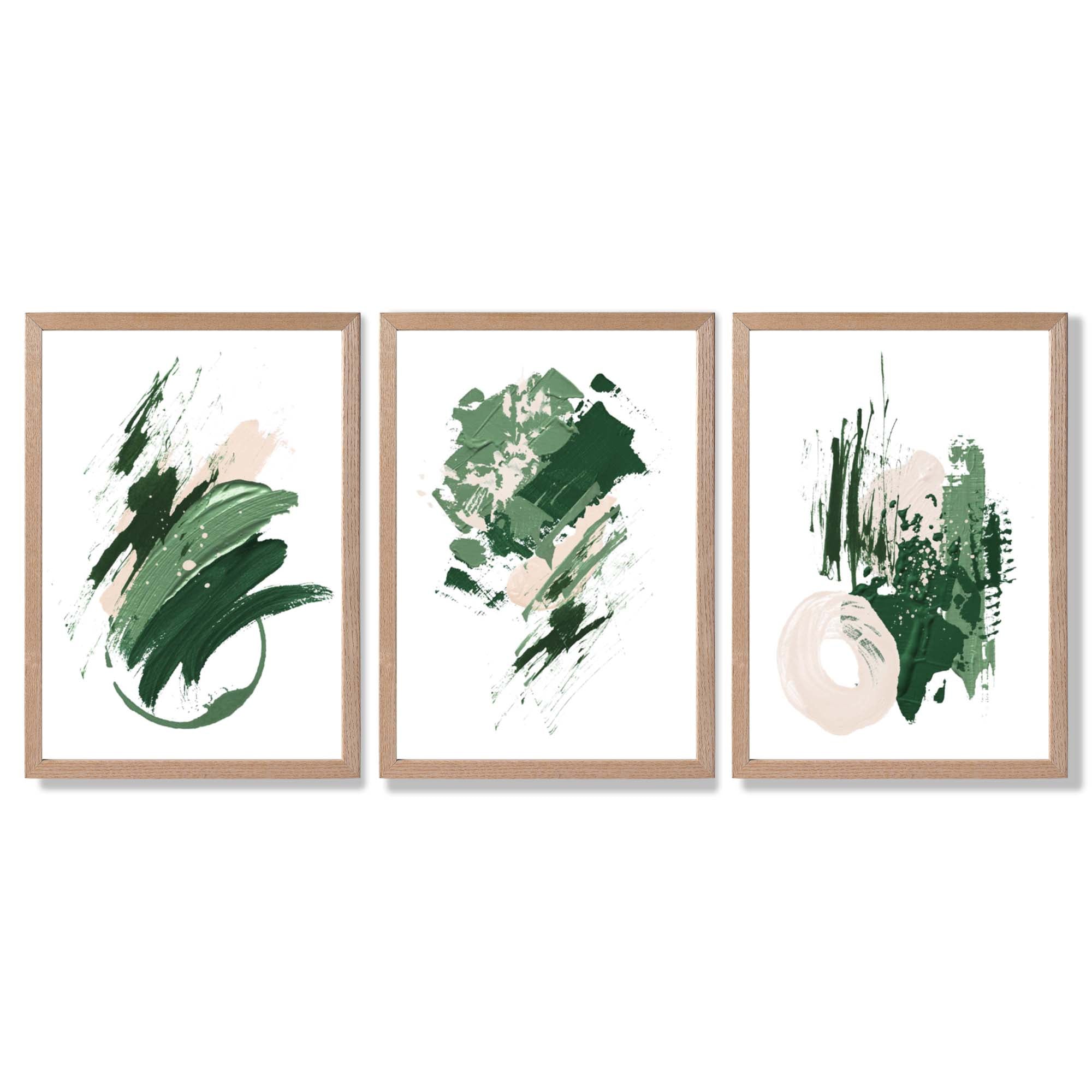 Abstract Green and Ivory Oil Set of 3 Framed Art Prints with Light Oak Frames