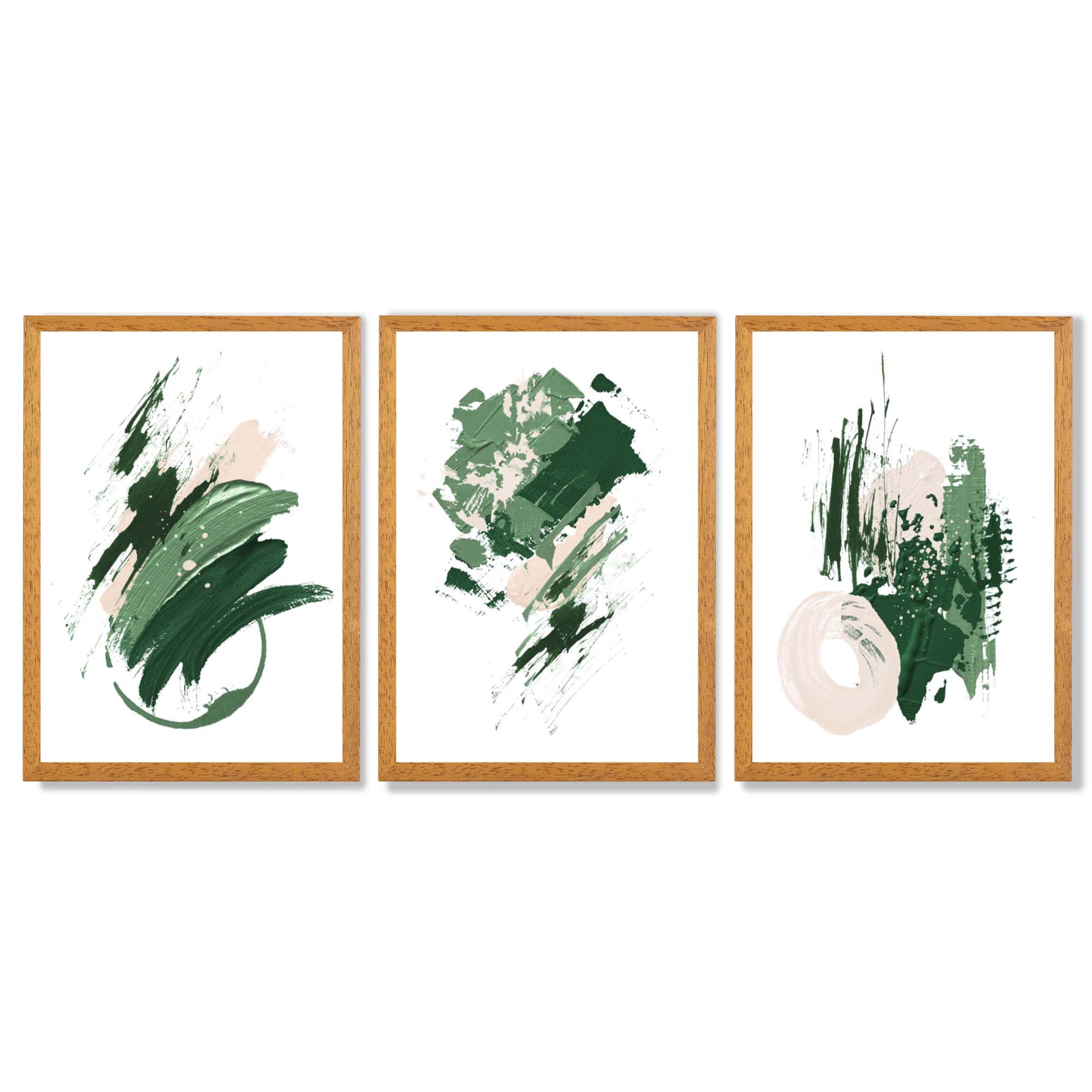Abstract Green and Ivory Oil Set of 3 Framed Art Prints with Oak Wooden Frames