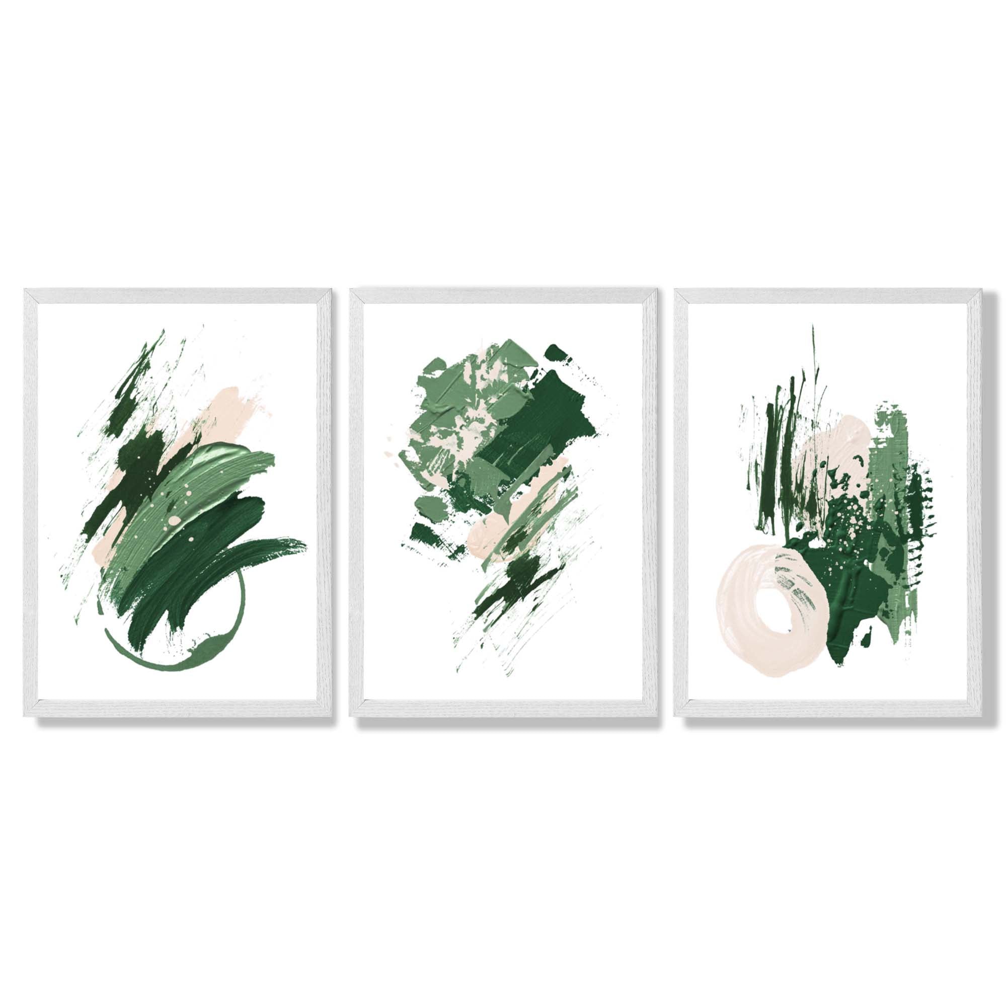 Abstract Green and Ivory Oil Set of 3 Framed Art Prints with White Wooden Frames
