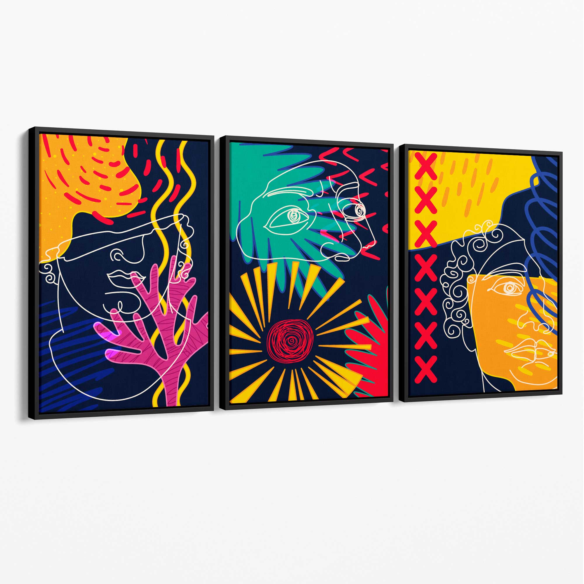 Abstract Maximalist Colurful Doodles Set of 3 Canvas Art Prints with Black Float Frame