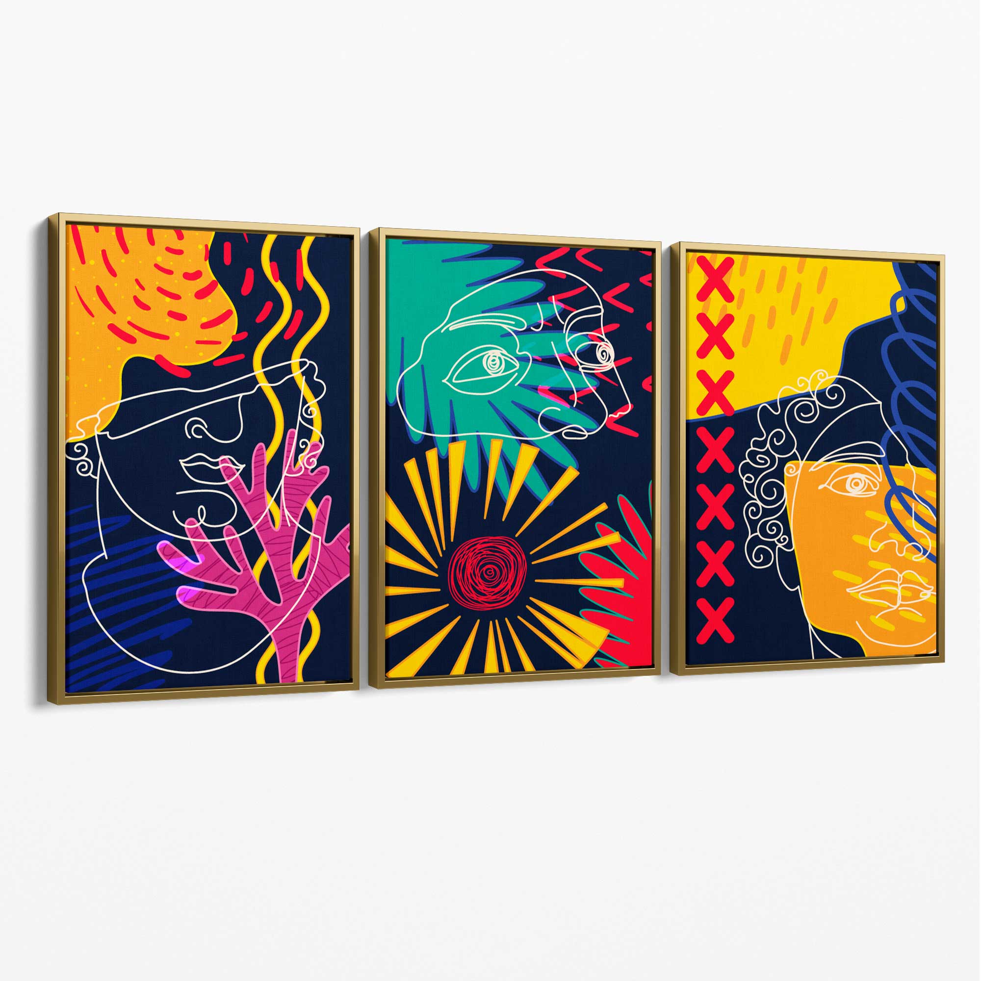 Abstract Maximalist Colurful Doodles Set of 3 Canvas Art Prints with Gold Float Frame