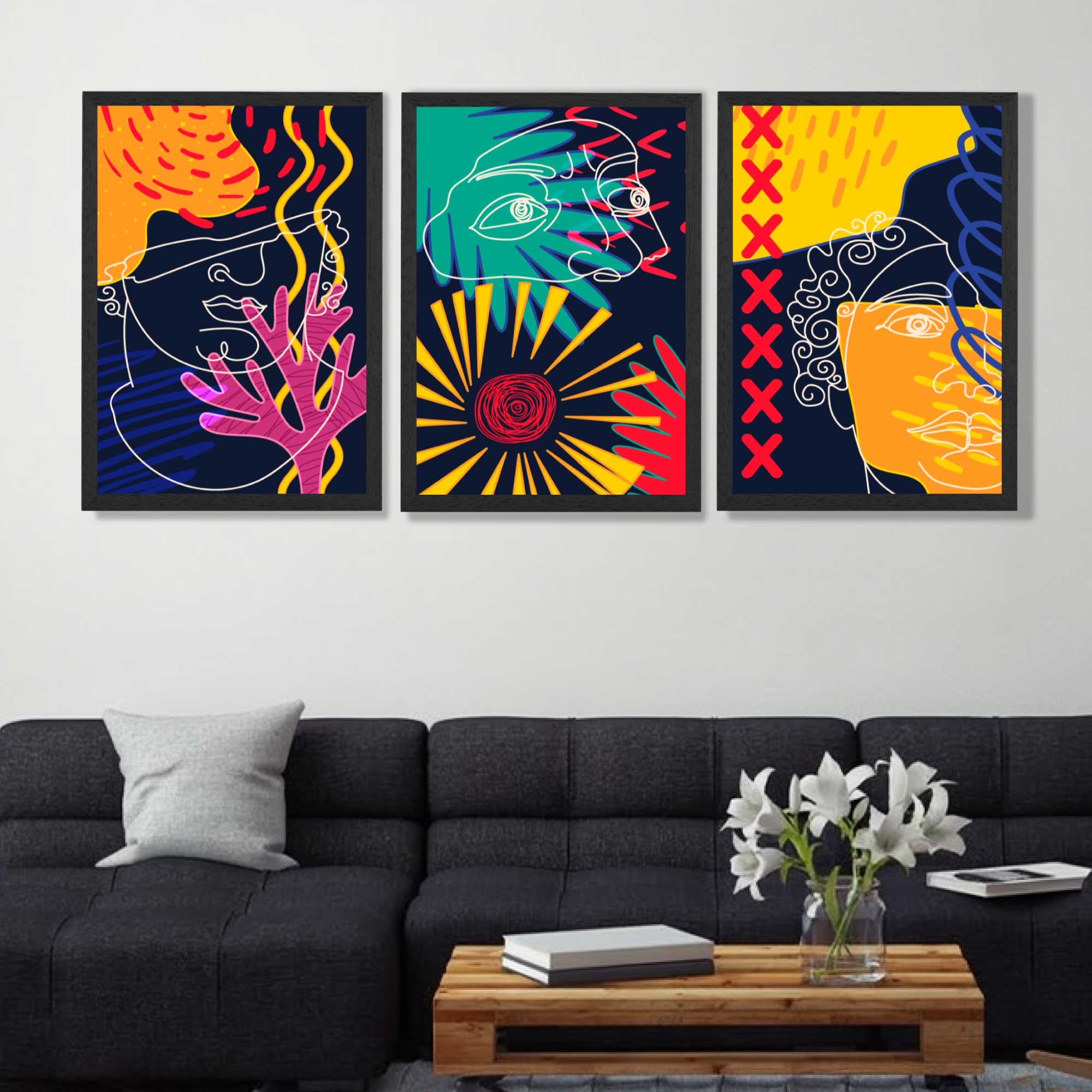 Abstract Maximalist Colurful Doodles Set of 3 Art Prints in Black Frames | Artze UK
