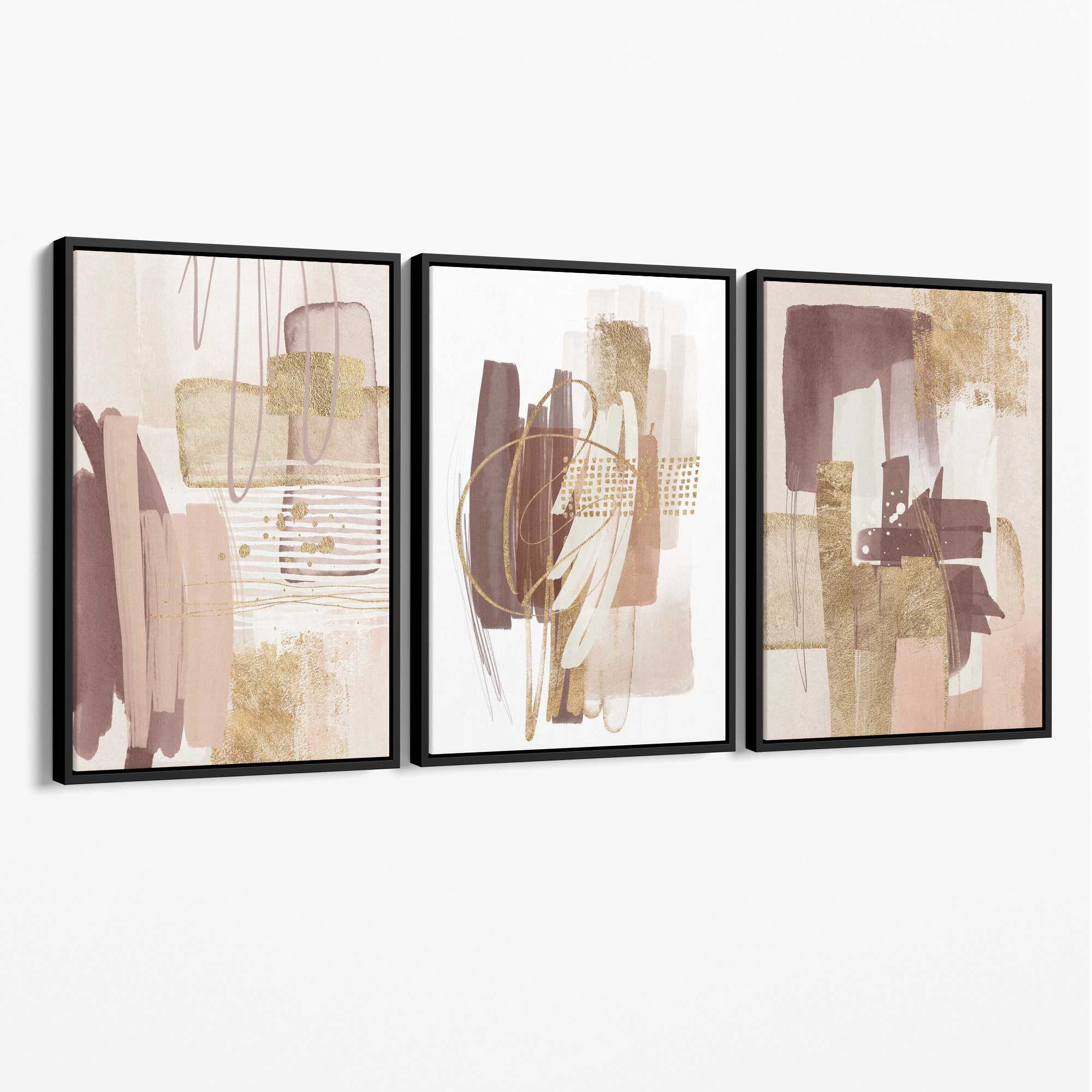 Set of 3 Abstract Blush and Pink Shades with Gold Canvas Art Prints with Black Float Frame