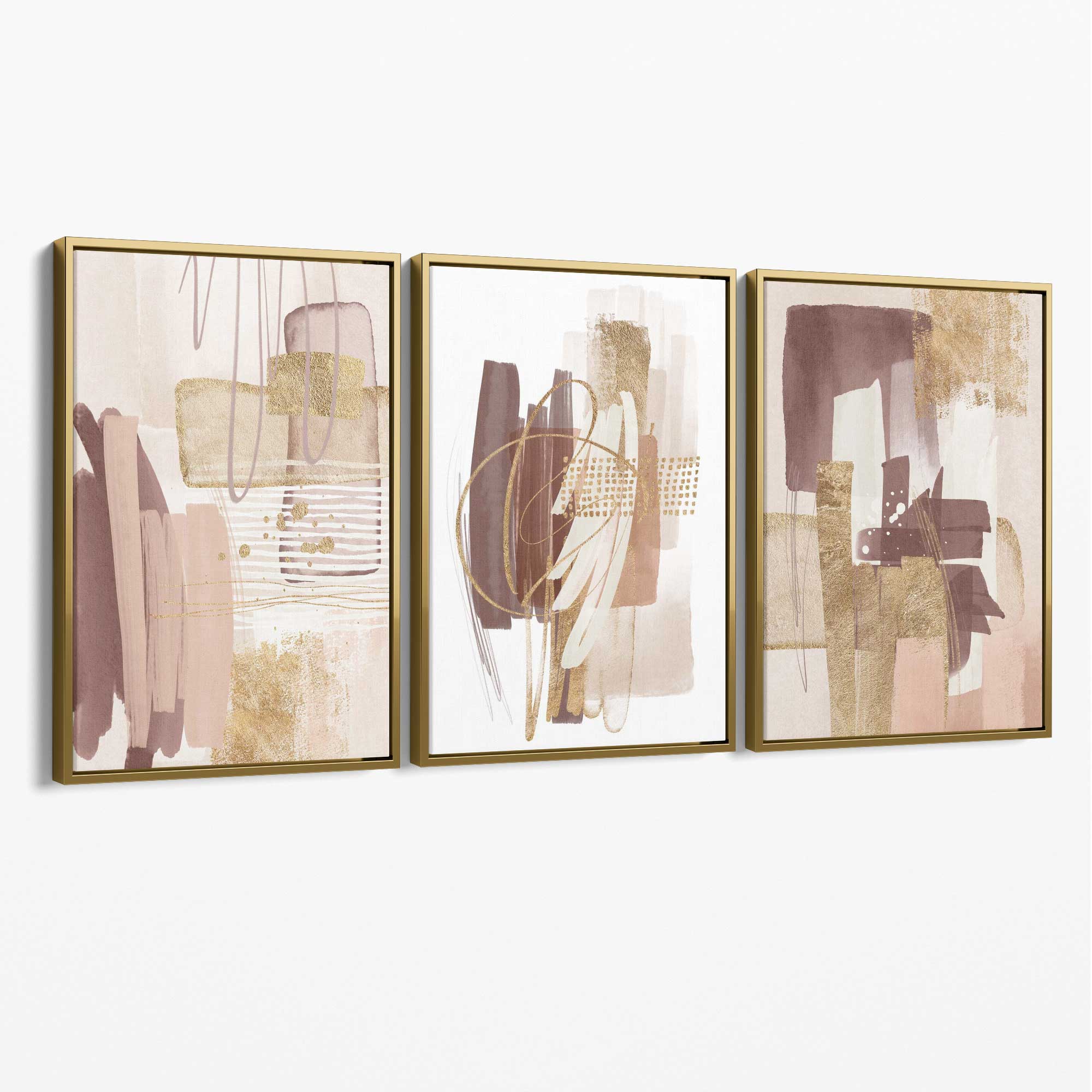 Set of 3 Abstract Blush and Pink Shades with Gold Canvas Art Prints with Gold Float Frame