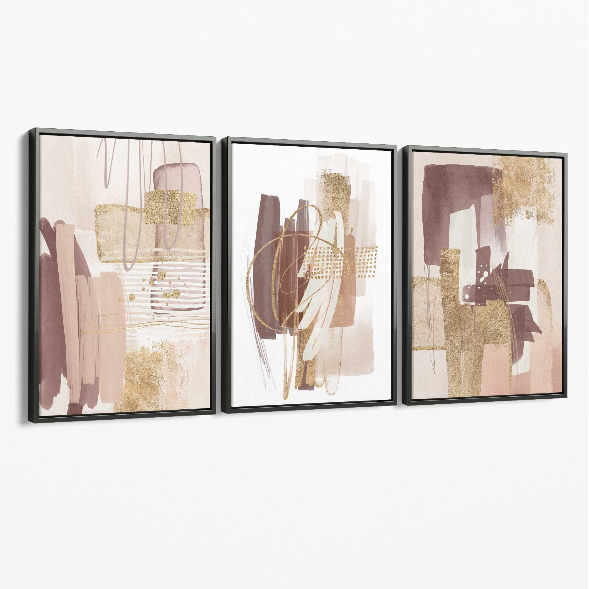 Set of 3 Abstract Blush and Pink Shades with Gold Canvas Art Prints with Grey Float Frame