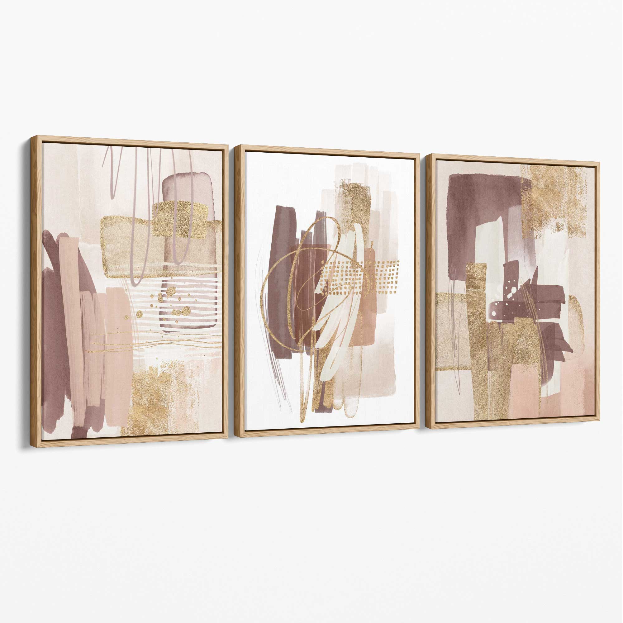 Set of 3 Abstract Blush and Pink Shades with Gold Canvas Art Prints with Oak Float Frame
